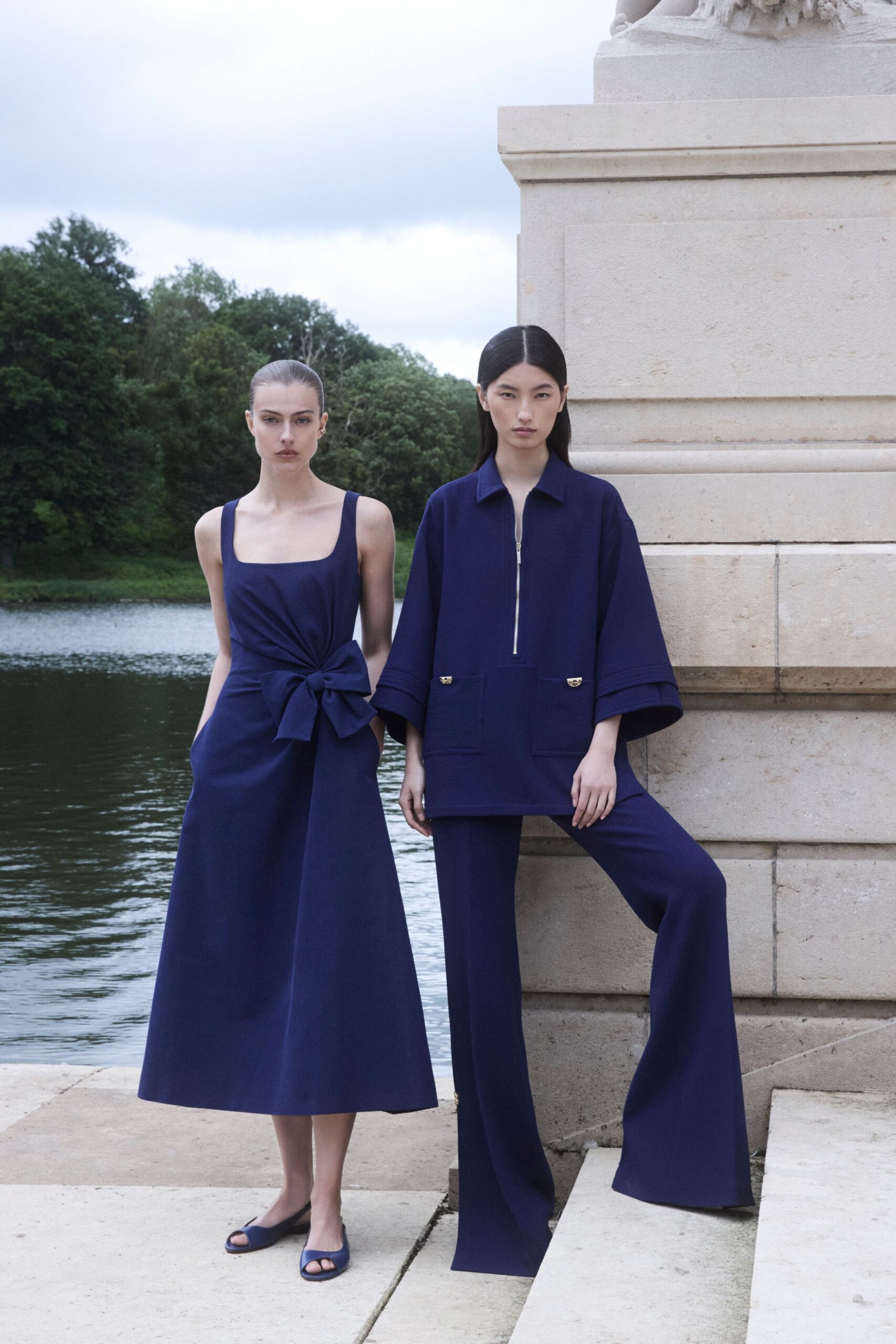 blue cotton midi dress and relaxed jacket