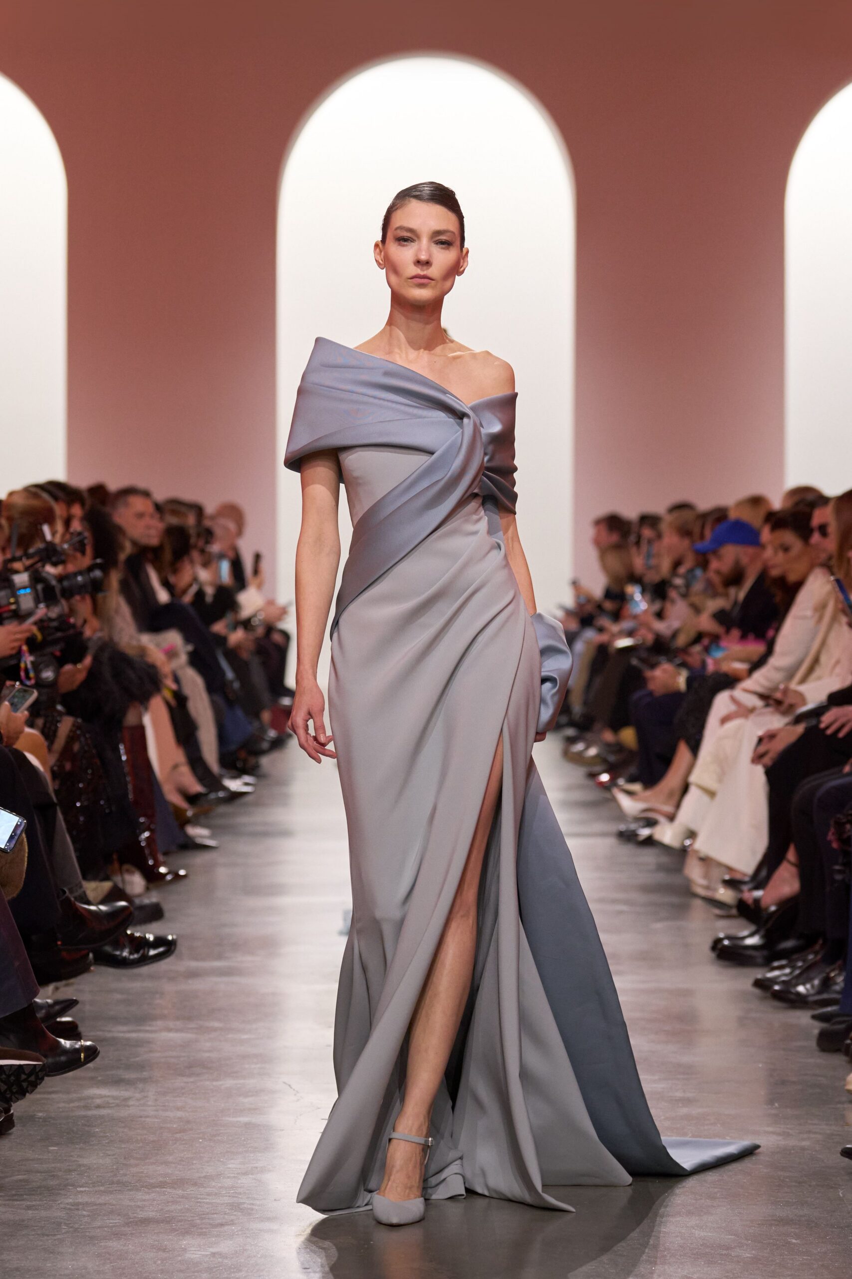 gray silk off-shoulder slit fitted draped flowing gown