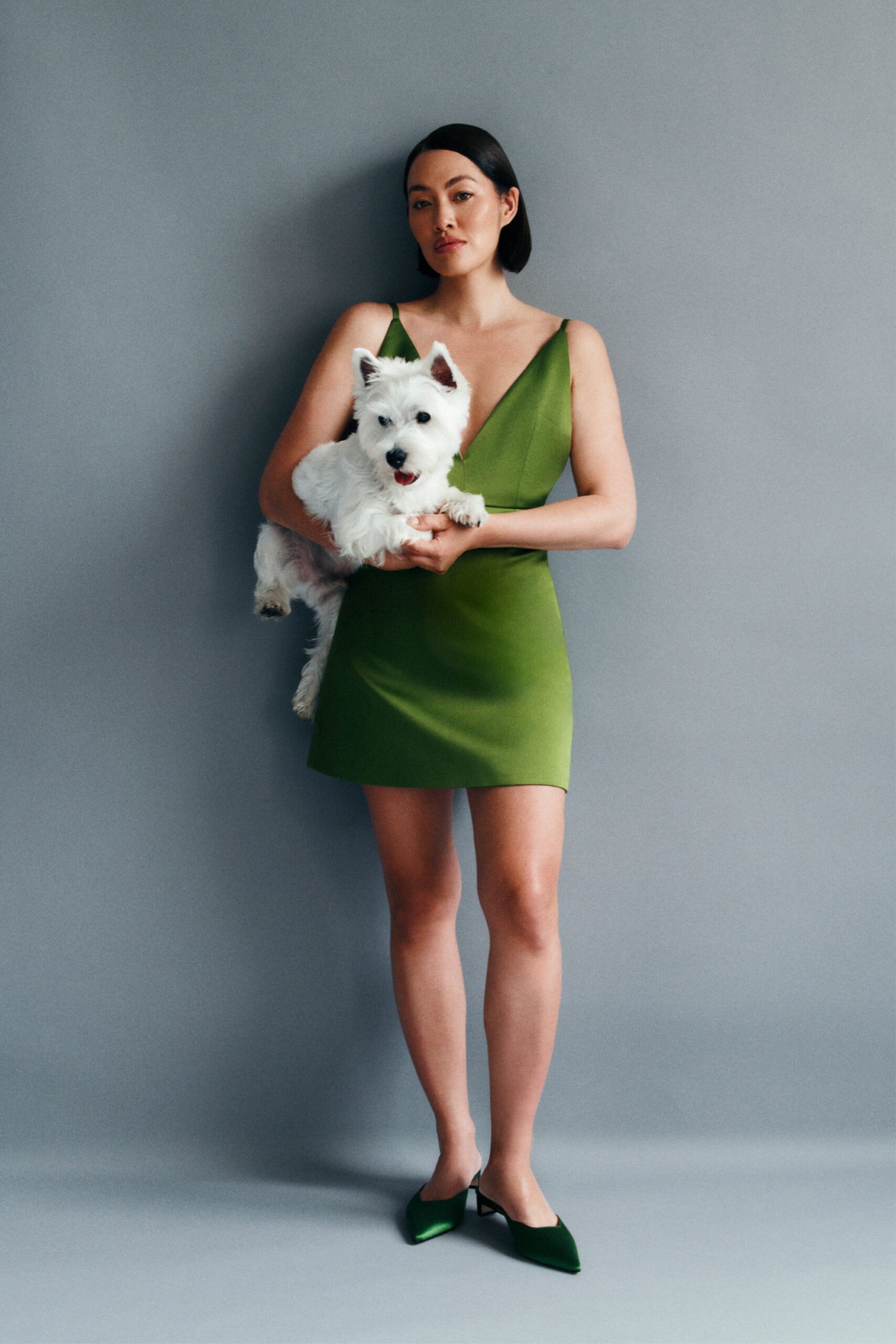 green silk sleeveless v-neck fitted mini mini-dress