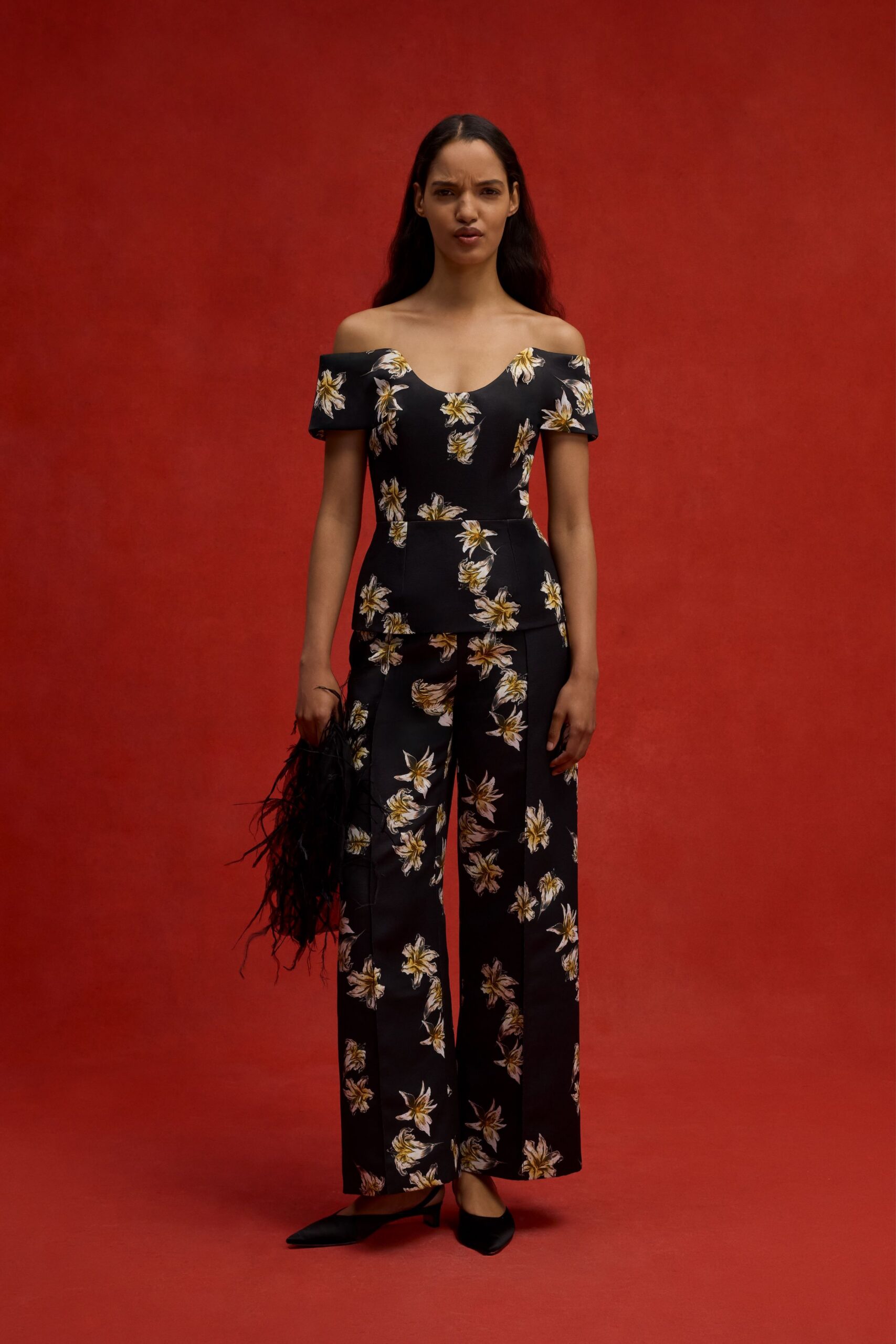black floral off-shoulder jumpsuit