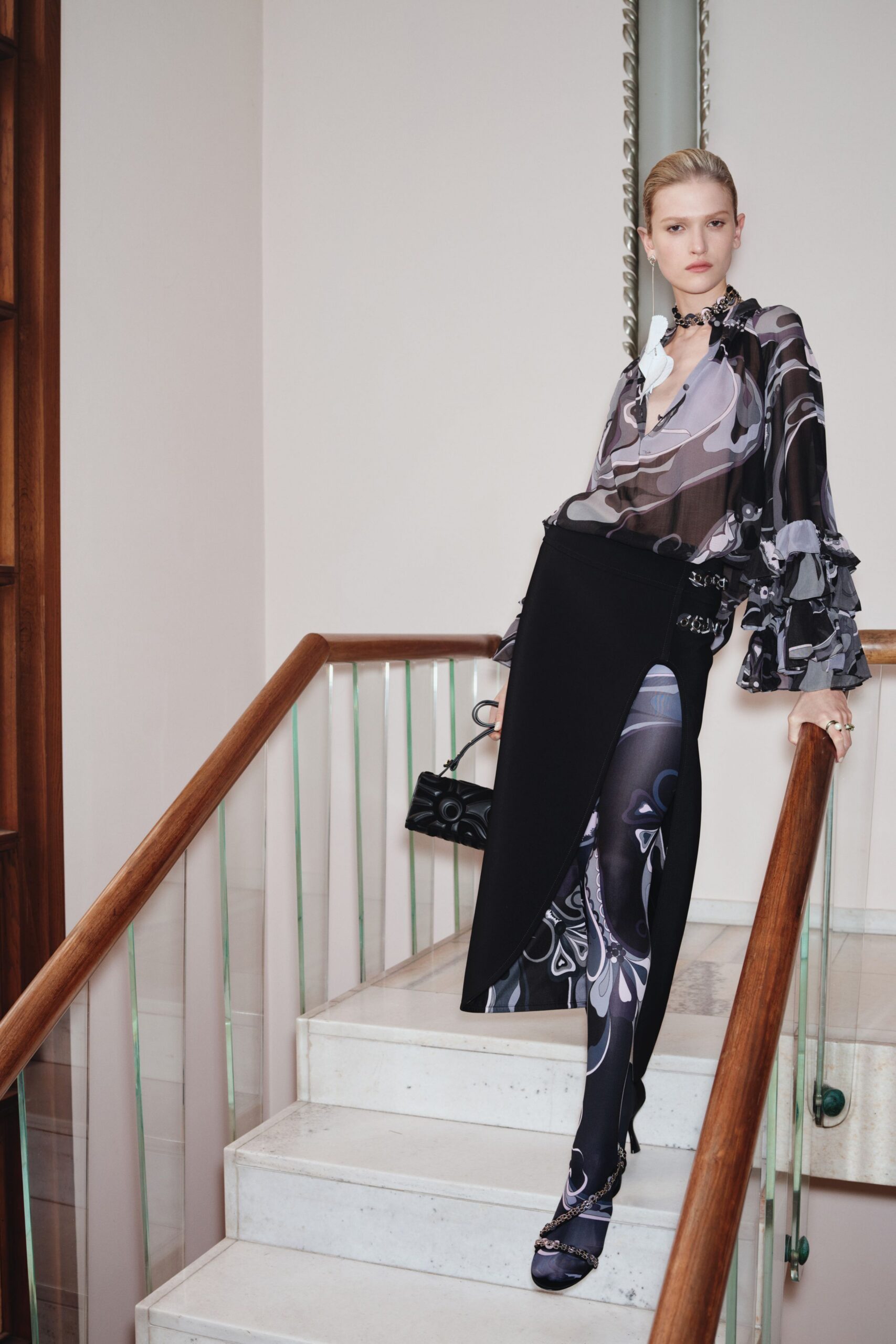 black silk long-sleeve v-neck fitted ruffled printed blouse