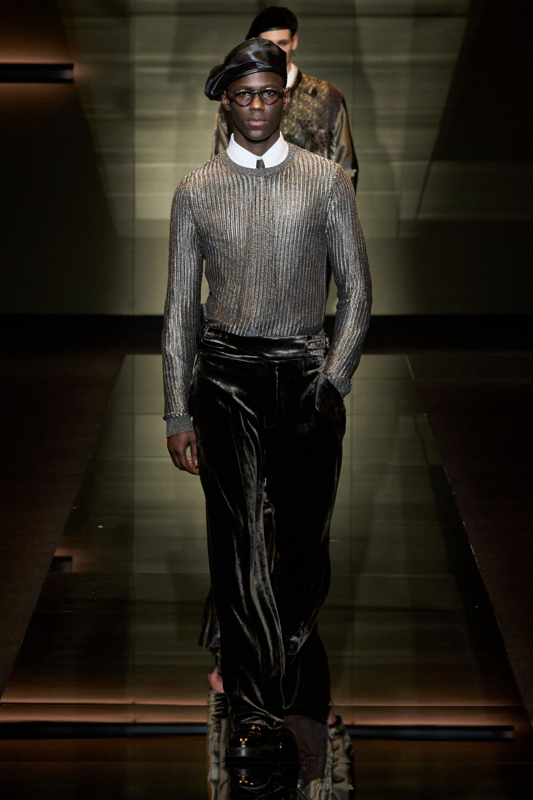 gray metallic long-sleeve collared fitted ribbed shiny sweater