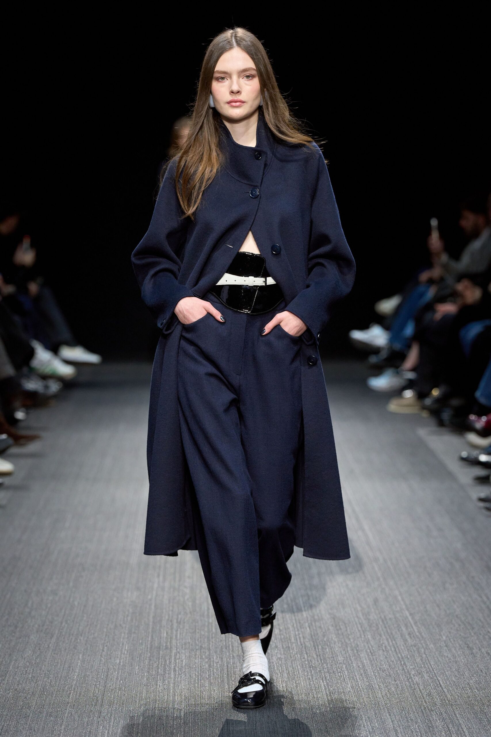 blue wool long-sleeve collared relaxed buttoned coat