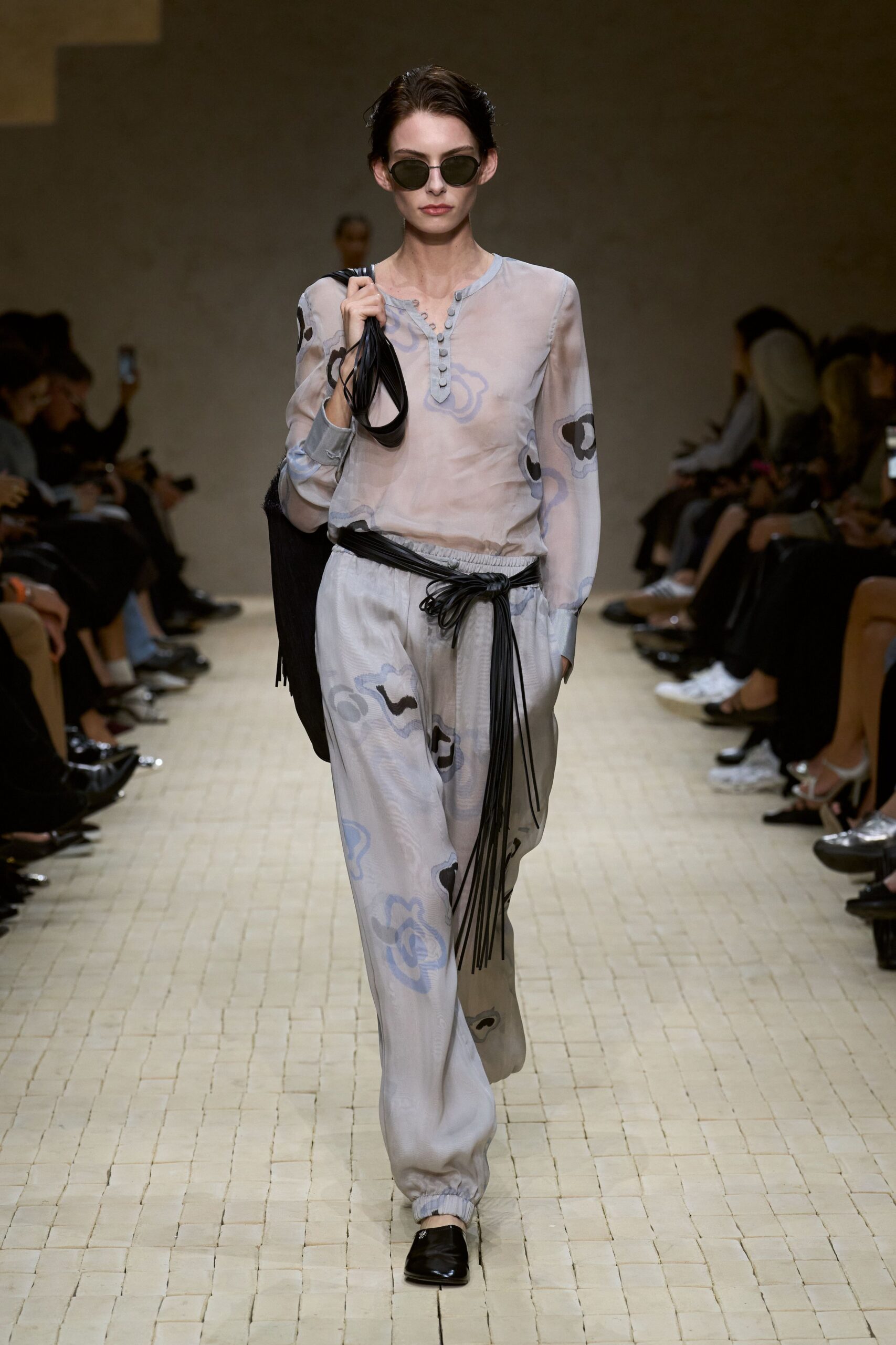blue chiffon long-sleeve collared relaxed printed sheer top