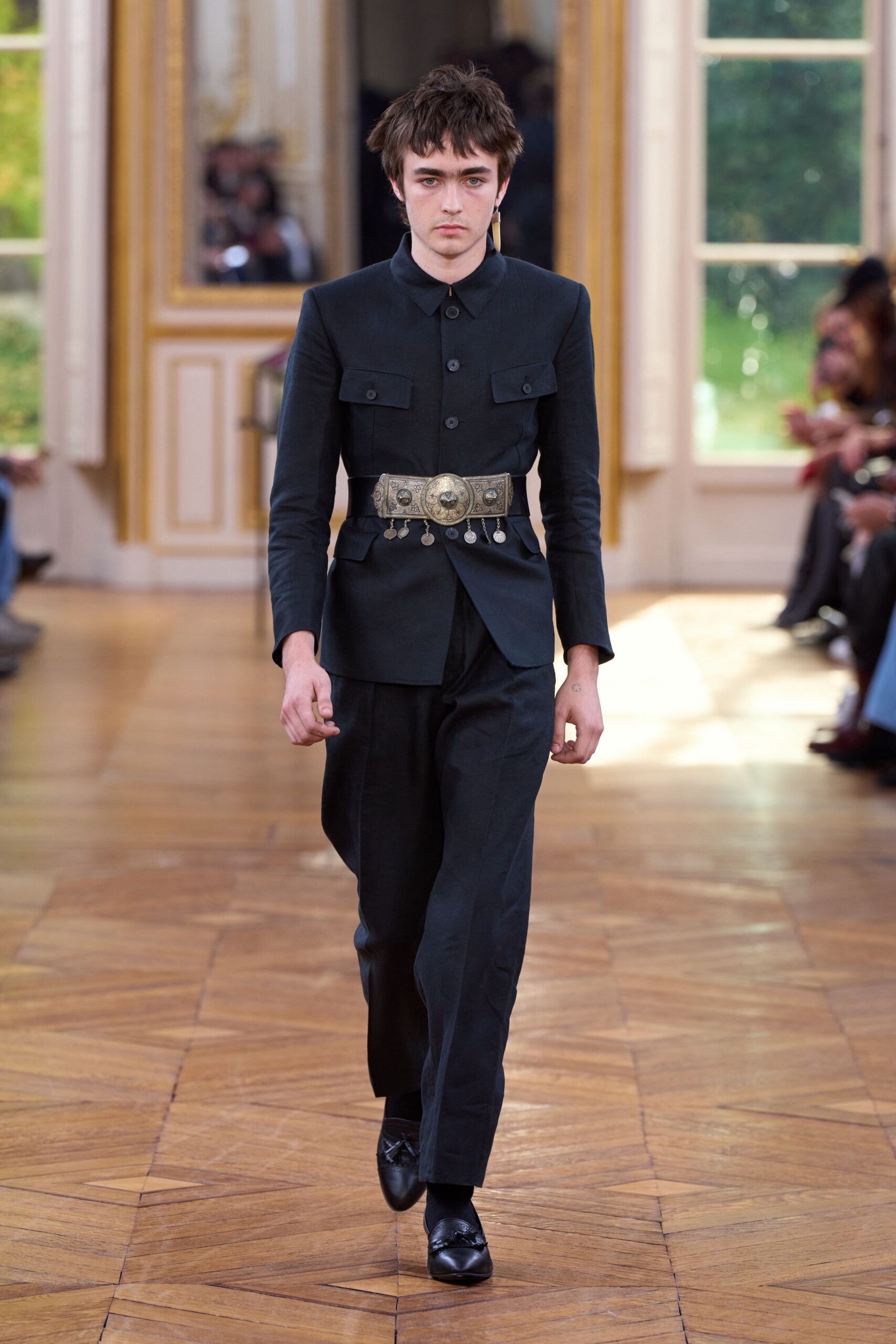 black tailored suit with embellished belt