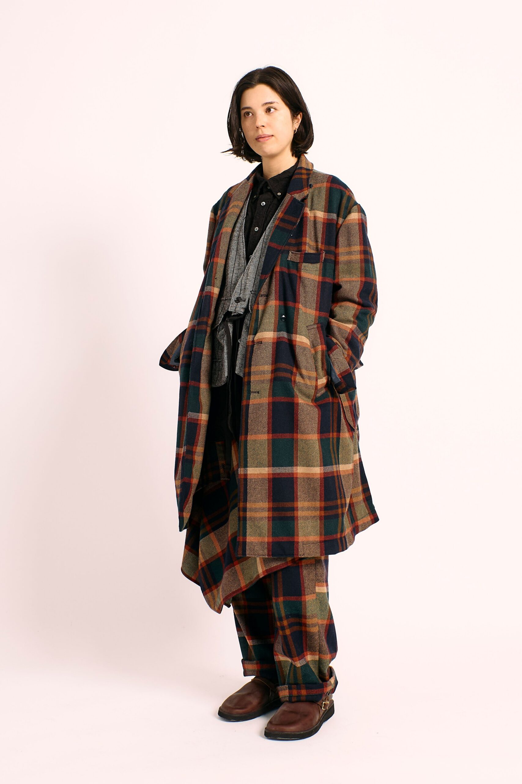 multi plaid coat with black shirt