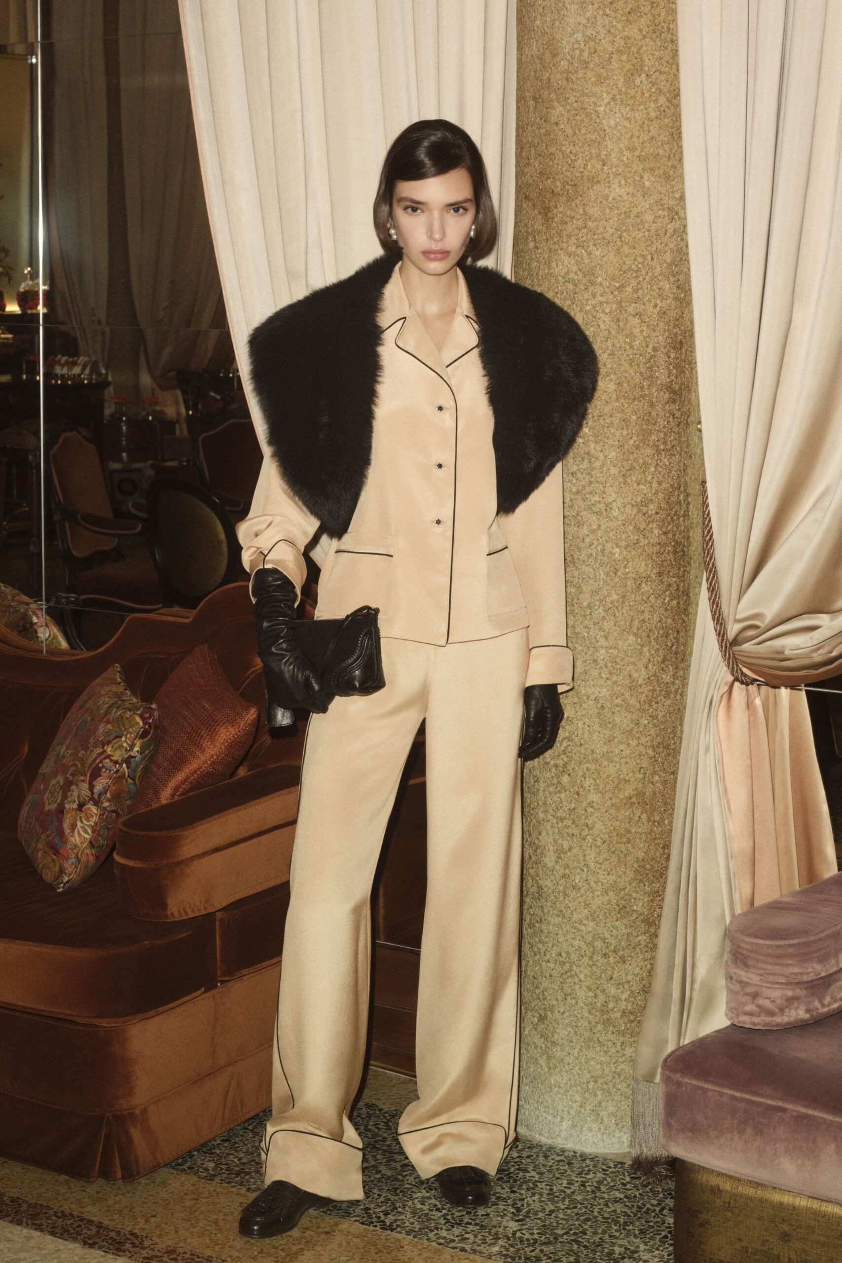 beige silk long-sleeve collared relaxed buttoned shirt