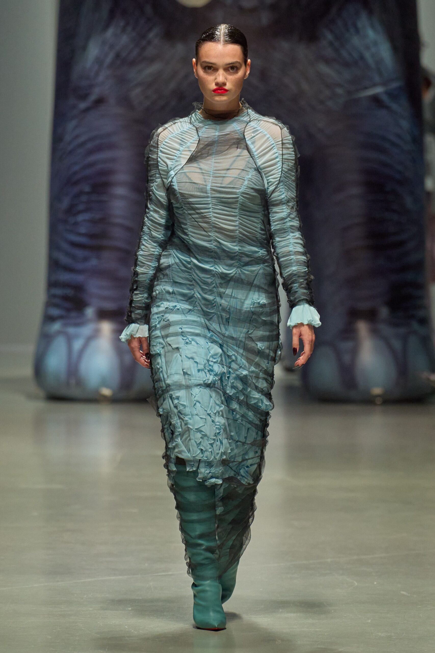 blue mesh long-sleeve high-neck fitted ruched layered dress