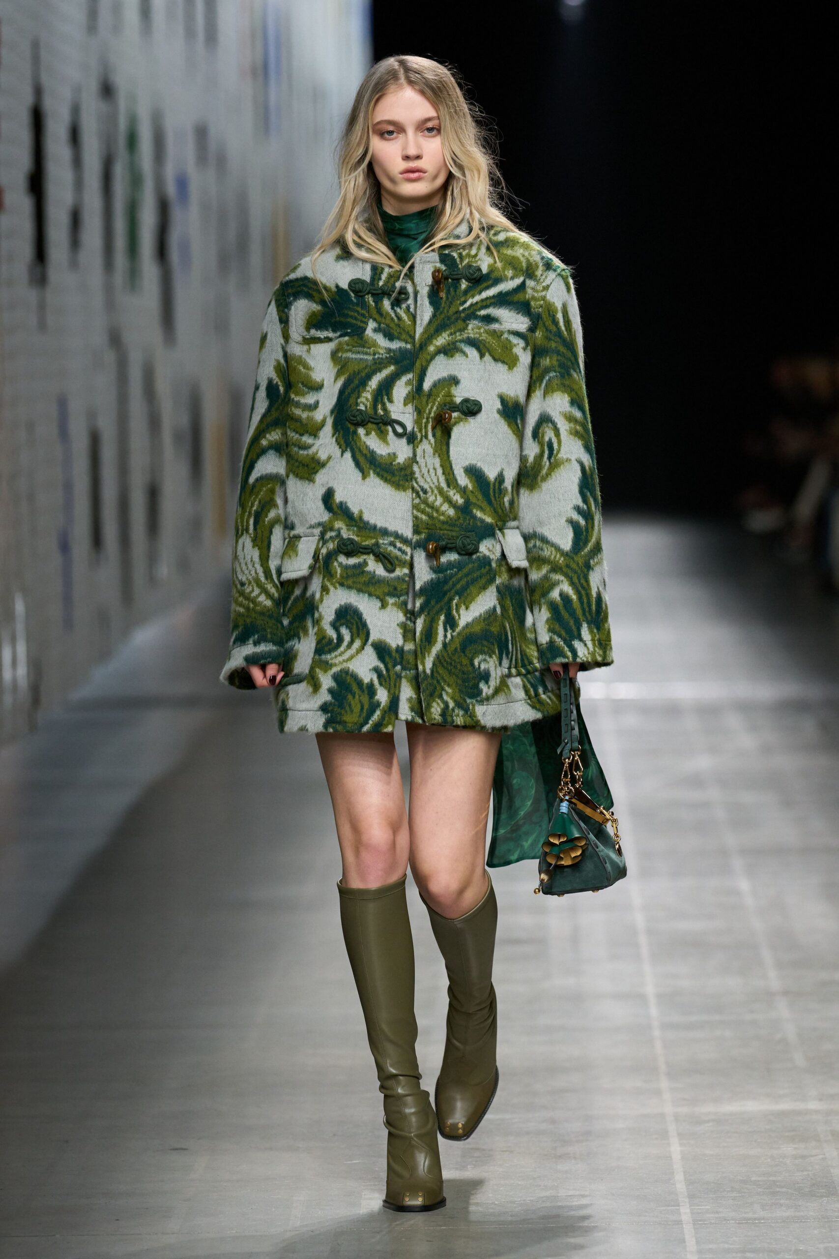 green wool long-sleeve collared relaxed floral buttoned coat