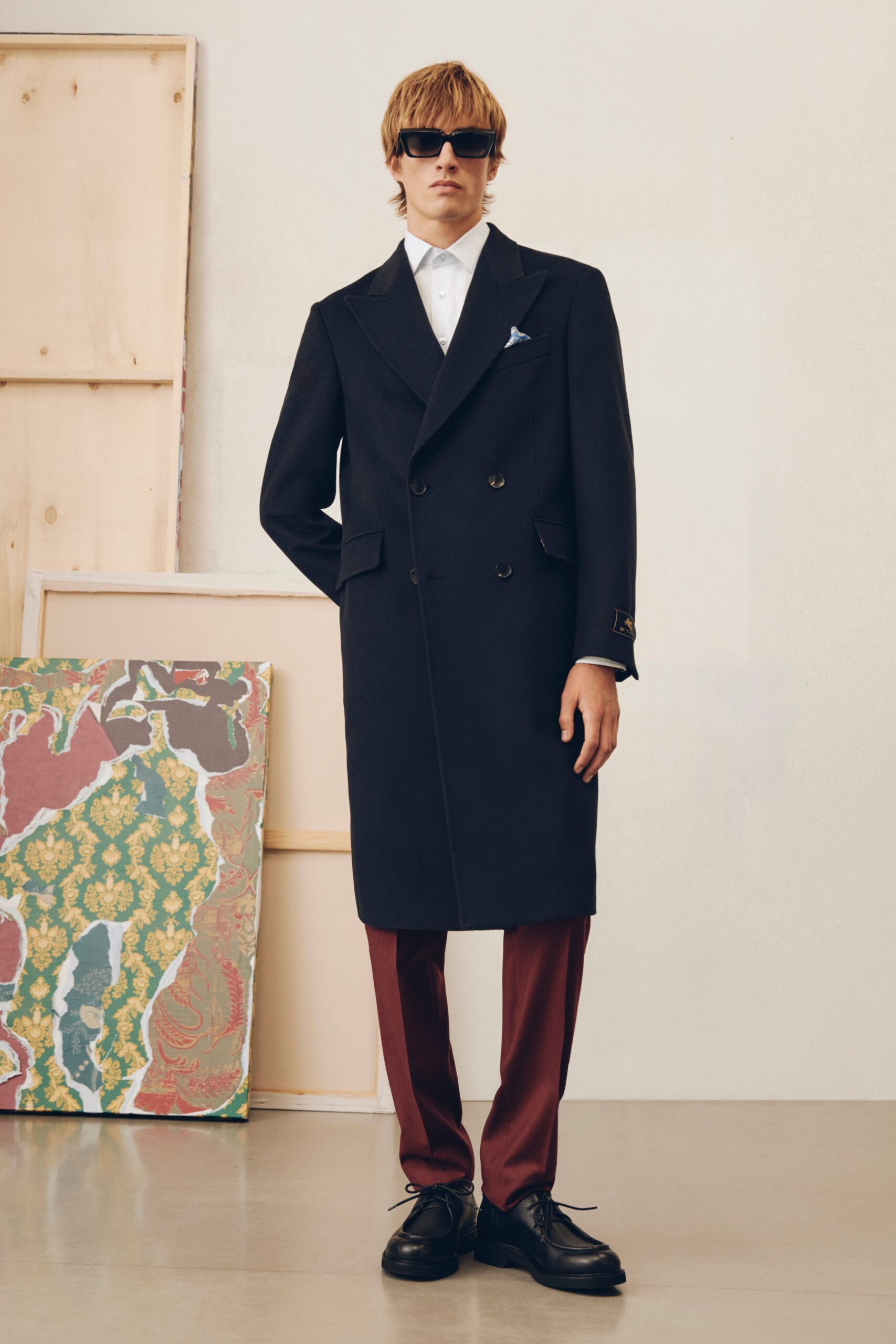 red wool tailored pants