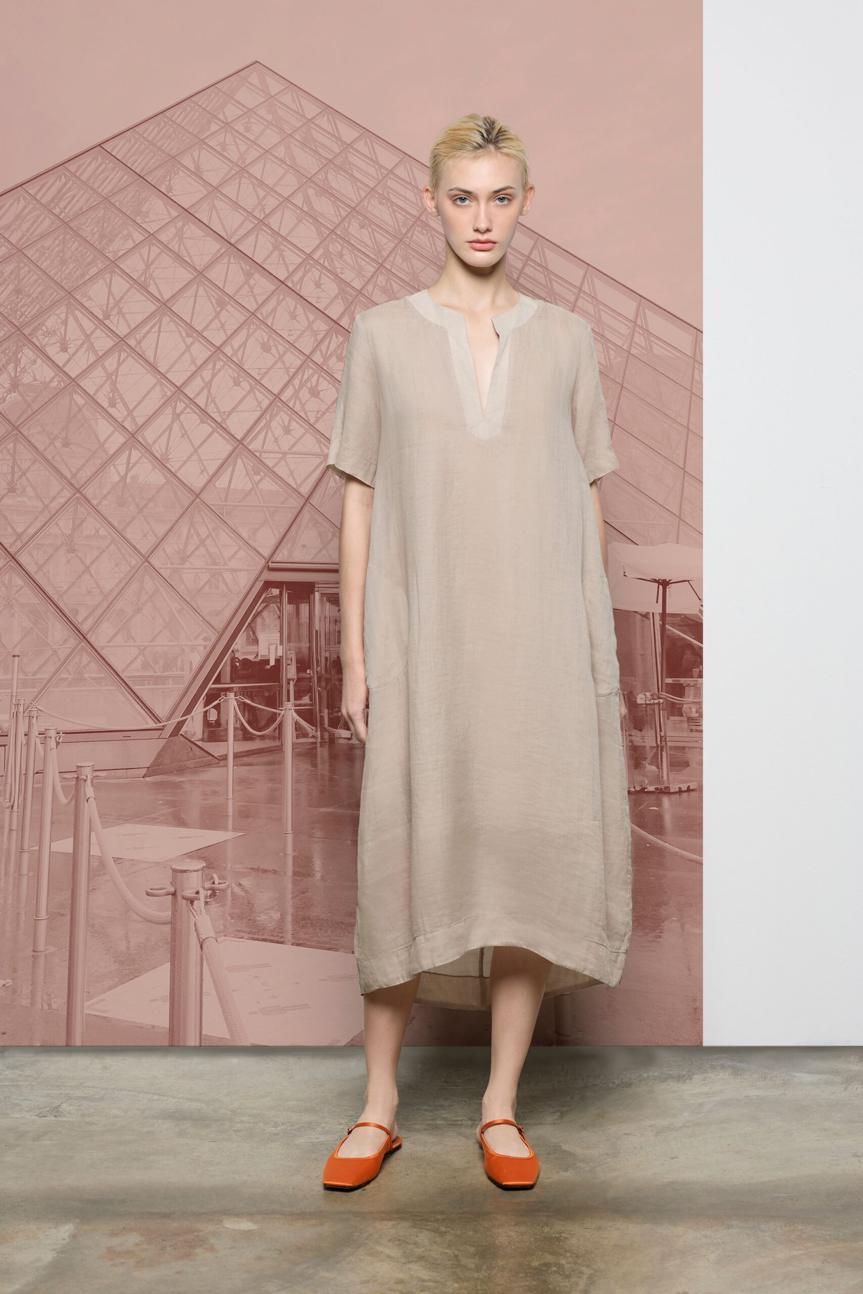beige cotton short-sleeve v-neck relaxed straight-leg midi dress