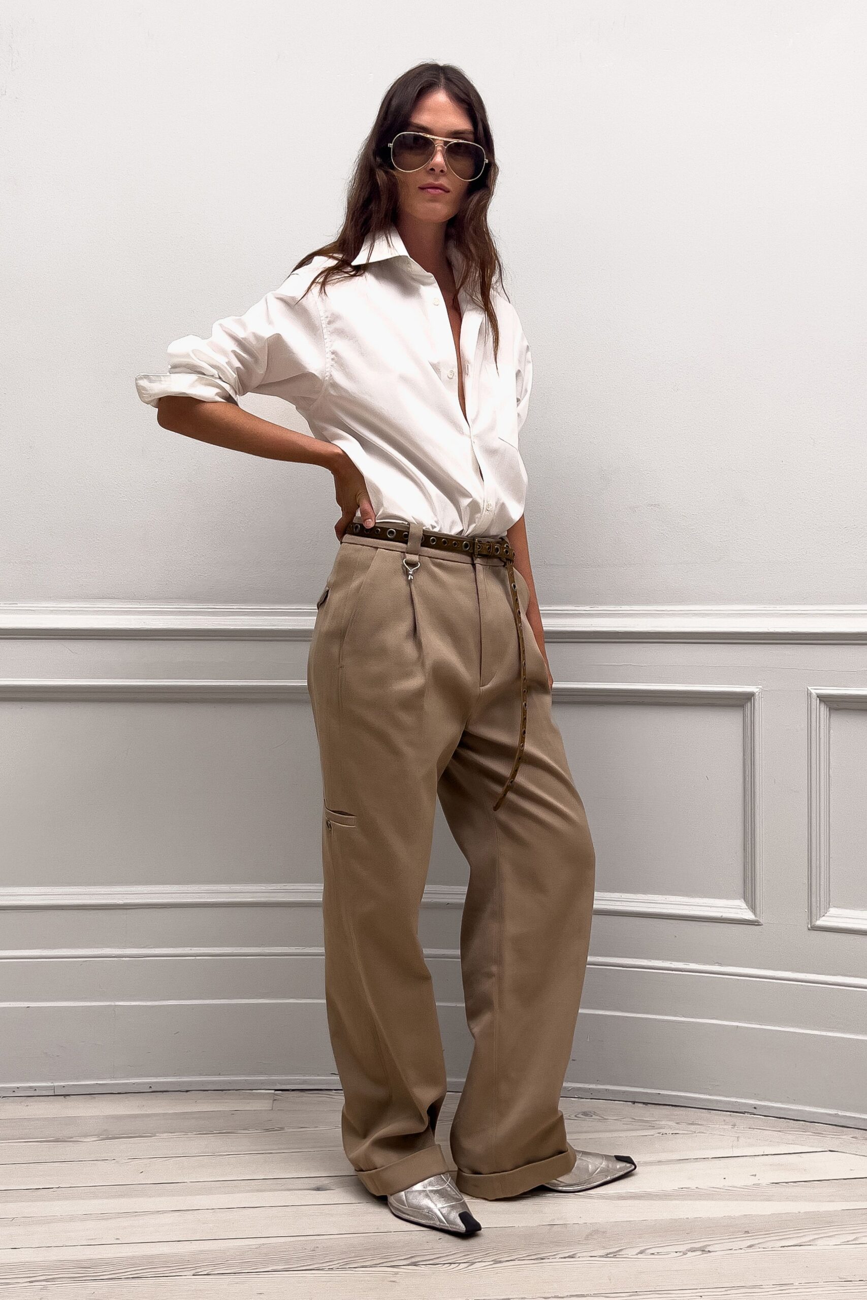 white relaxed shirt beige cargo pants