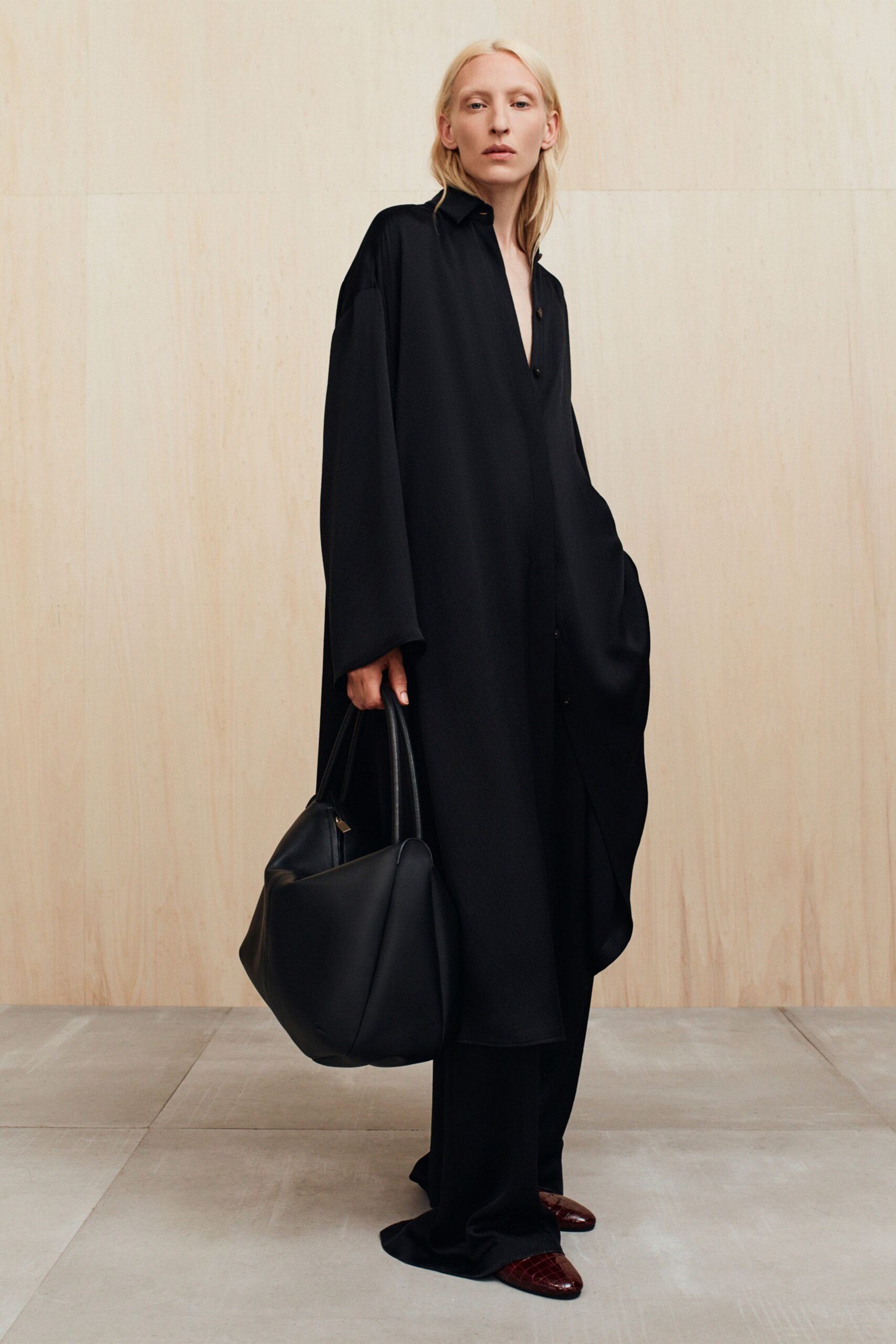 black silk long-sleeve v-neck relaxed buttoned midi dress