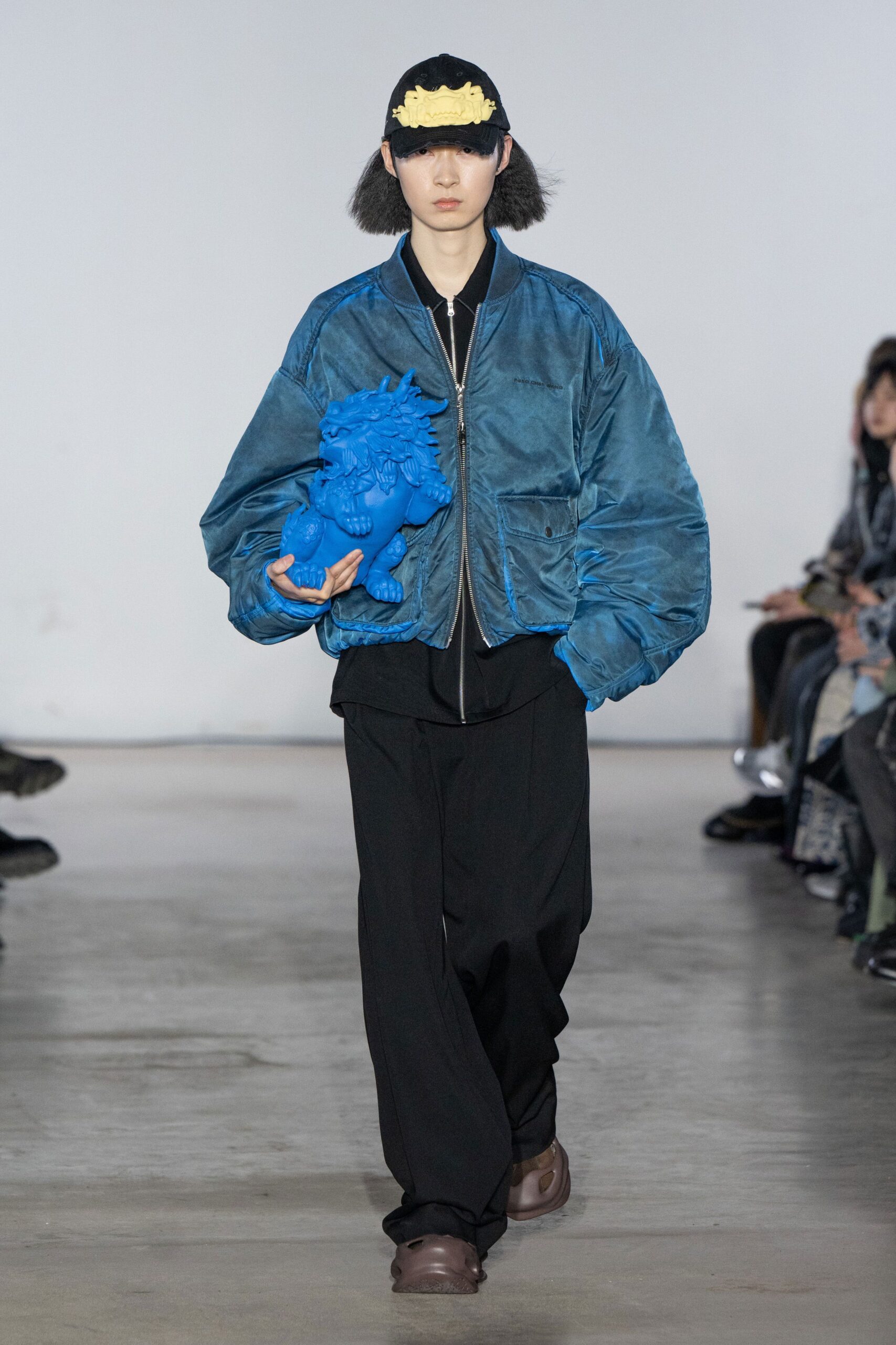 blue cotton long-sleeve collared oversized zippered jacket