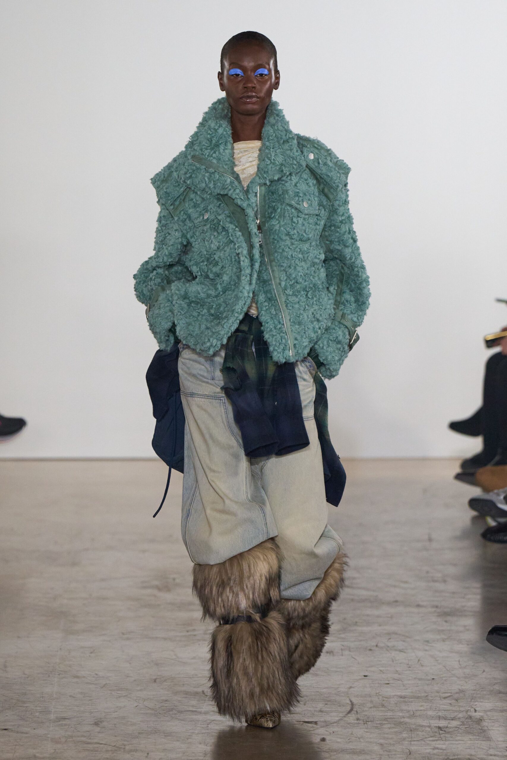 teal faux-fur long-sleeve collared oversized layered jacket