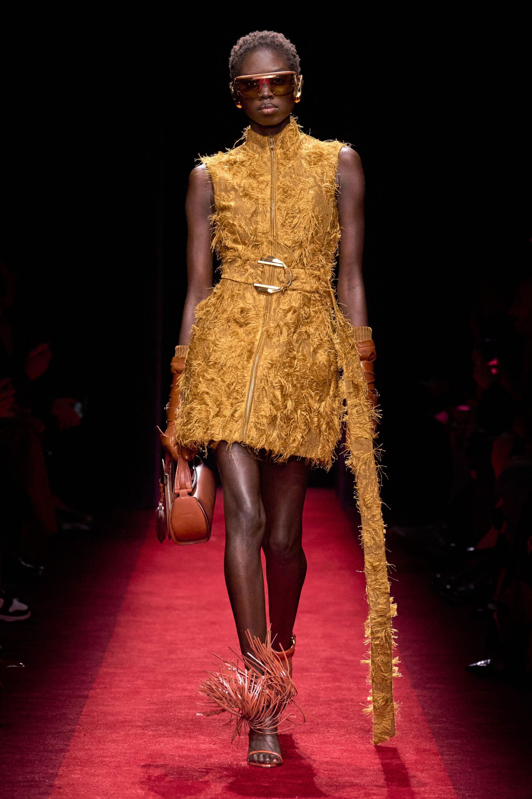 yellow fur sleeveless high-neck fitted fringed mini dress
