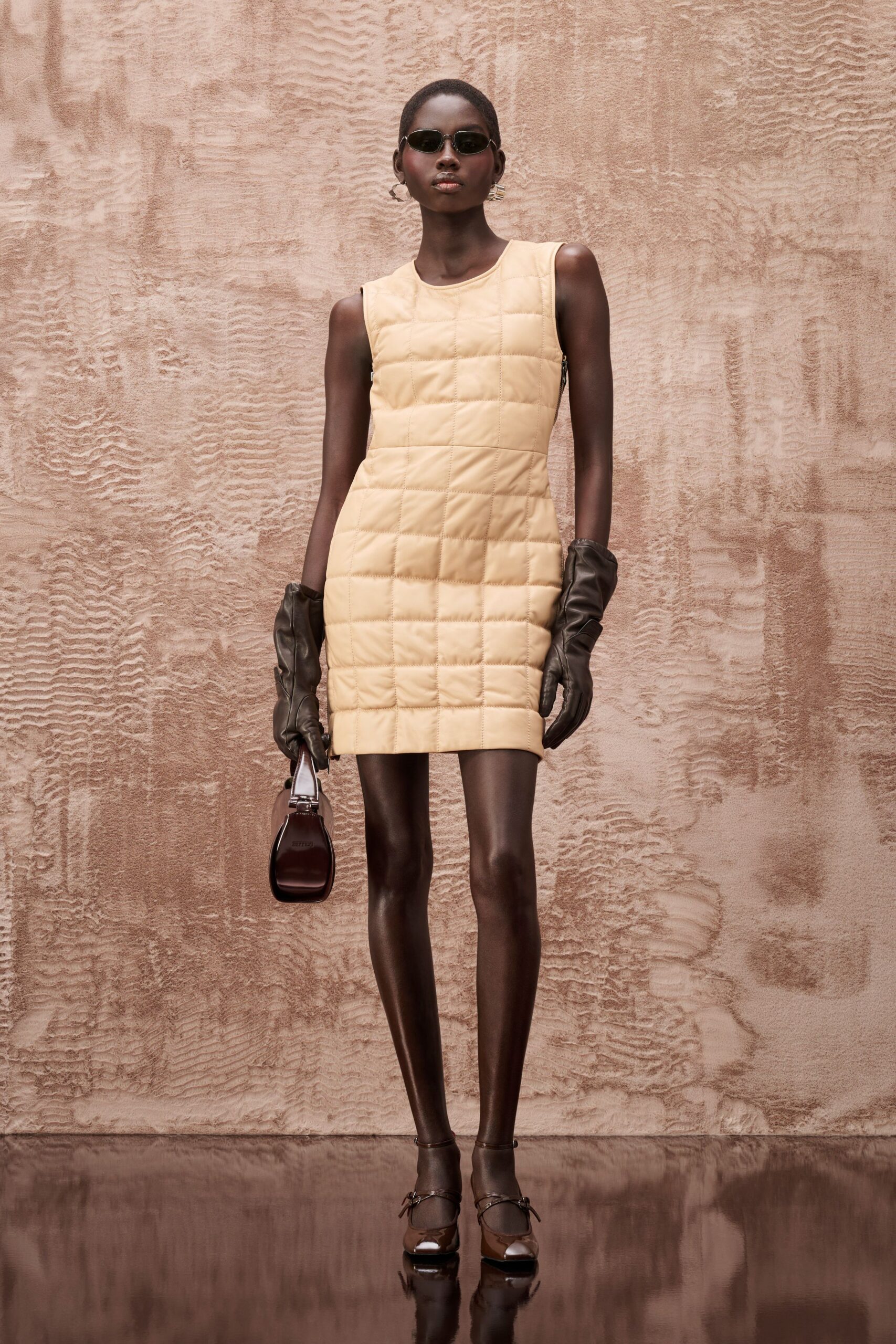 yellow silk sleeveless high-neck fitted quilted mini dress