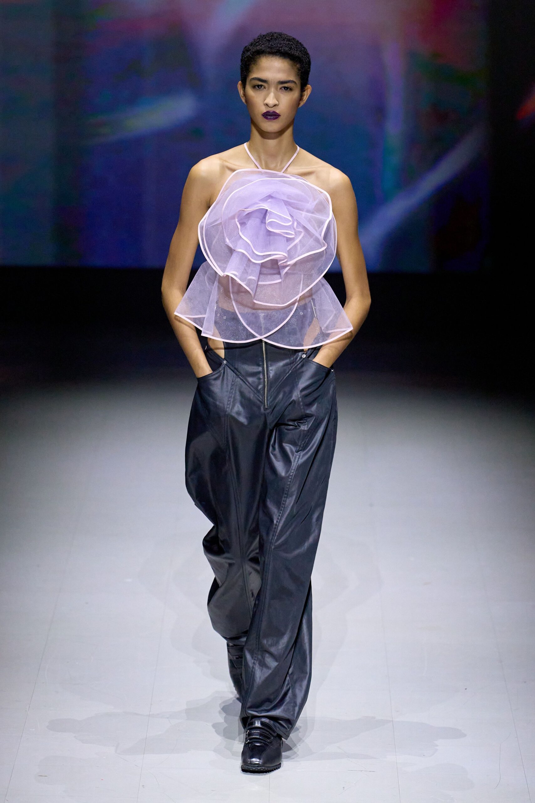 purple chiffon sleeveless high-neck fitted draped sheer top
