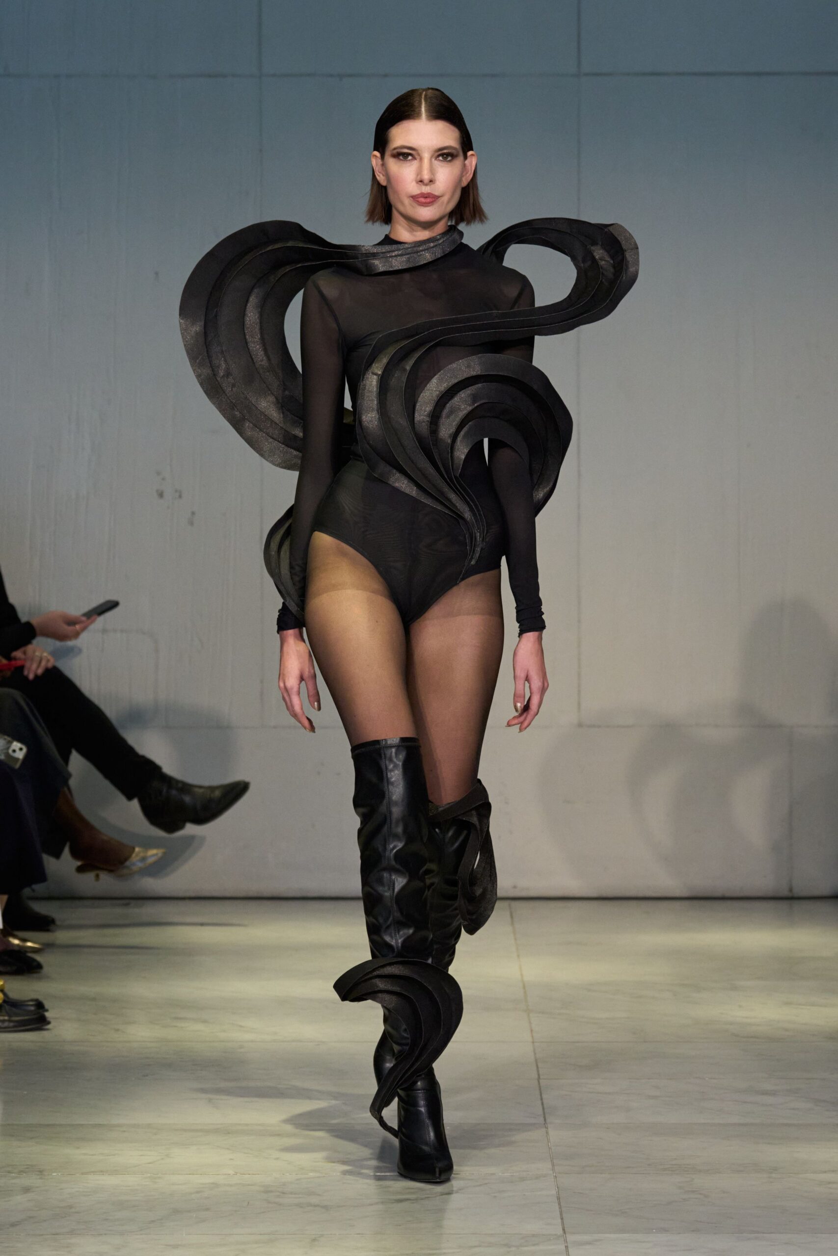 black mesh bodysuit with boots