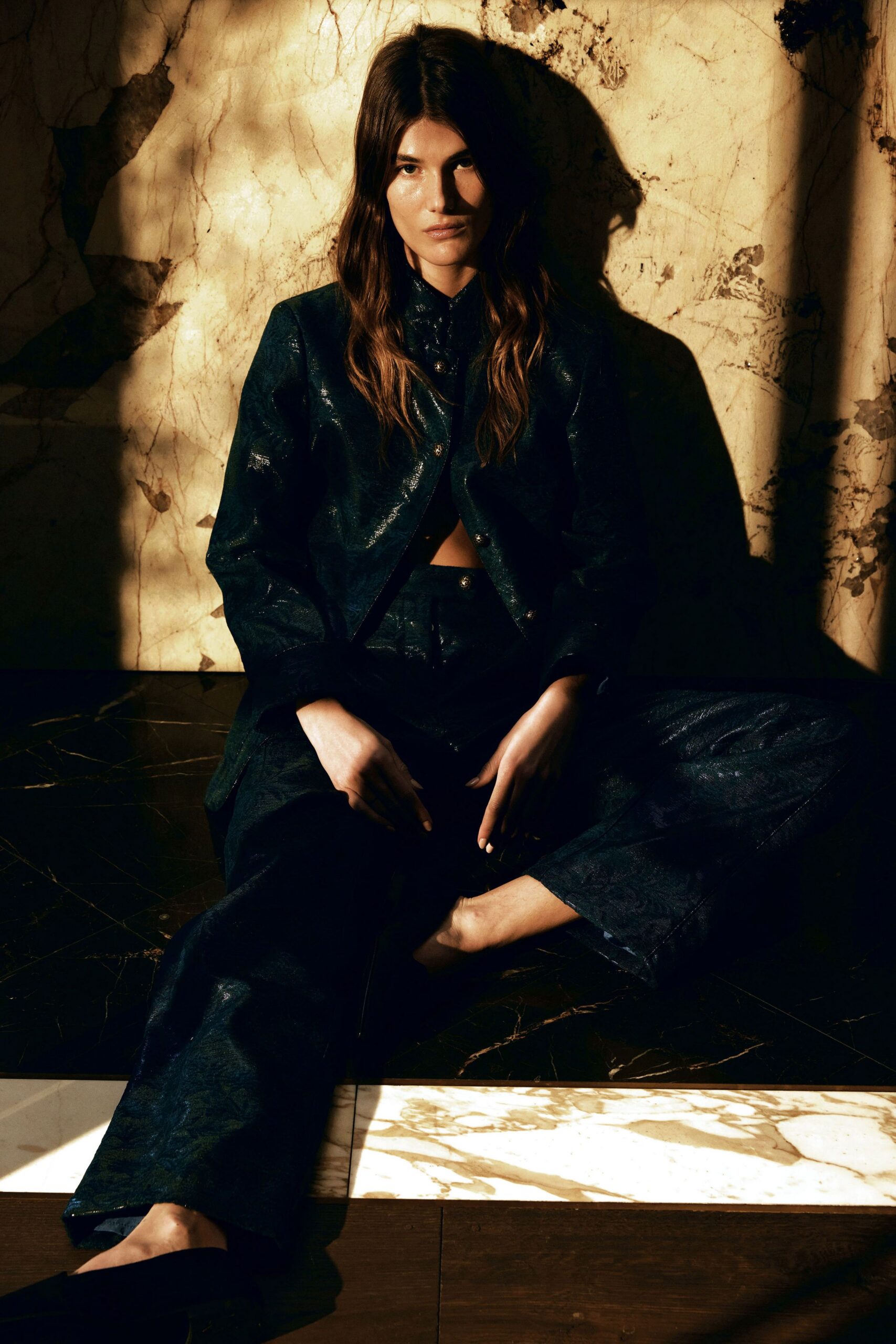 black silk fitted blazer and pants
