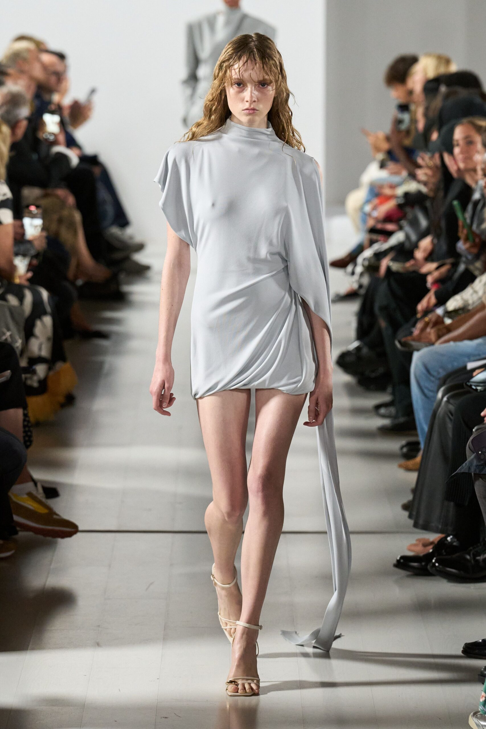 gray silk sleeveless high-neck fitted draped mini dress