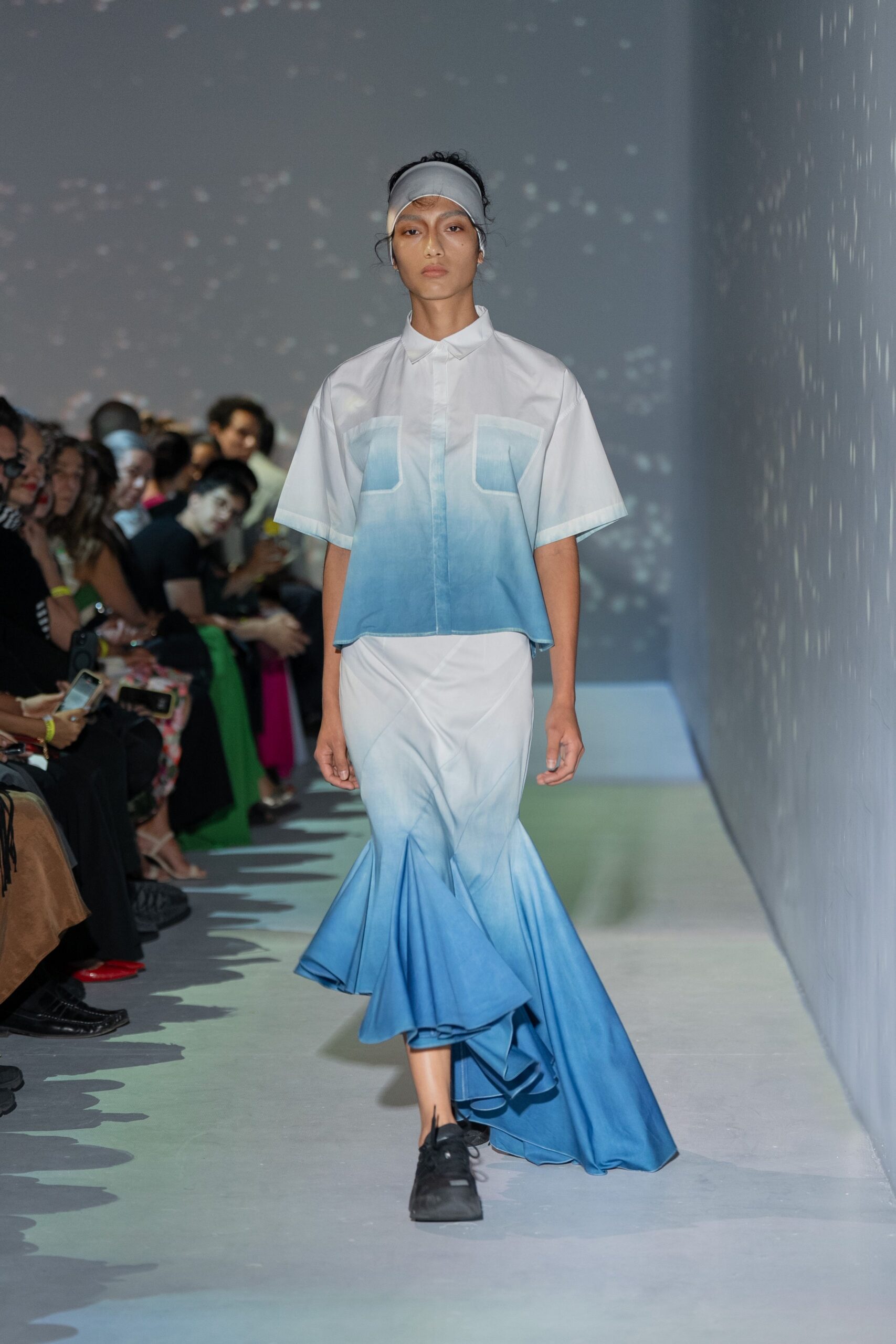 blue cotton asymmetric fitted flared midi skirt