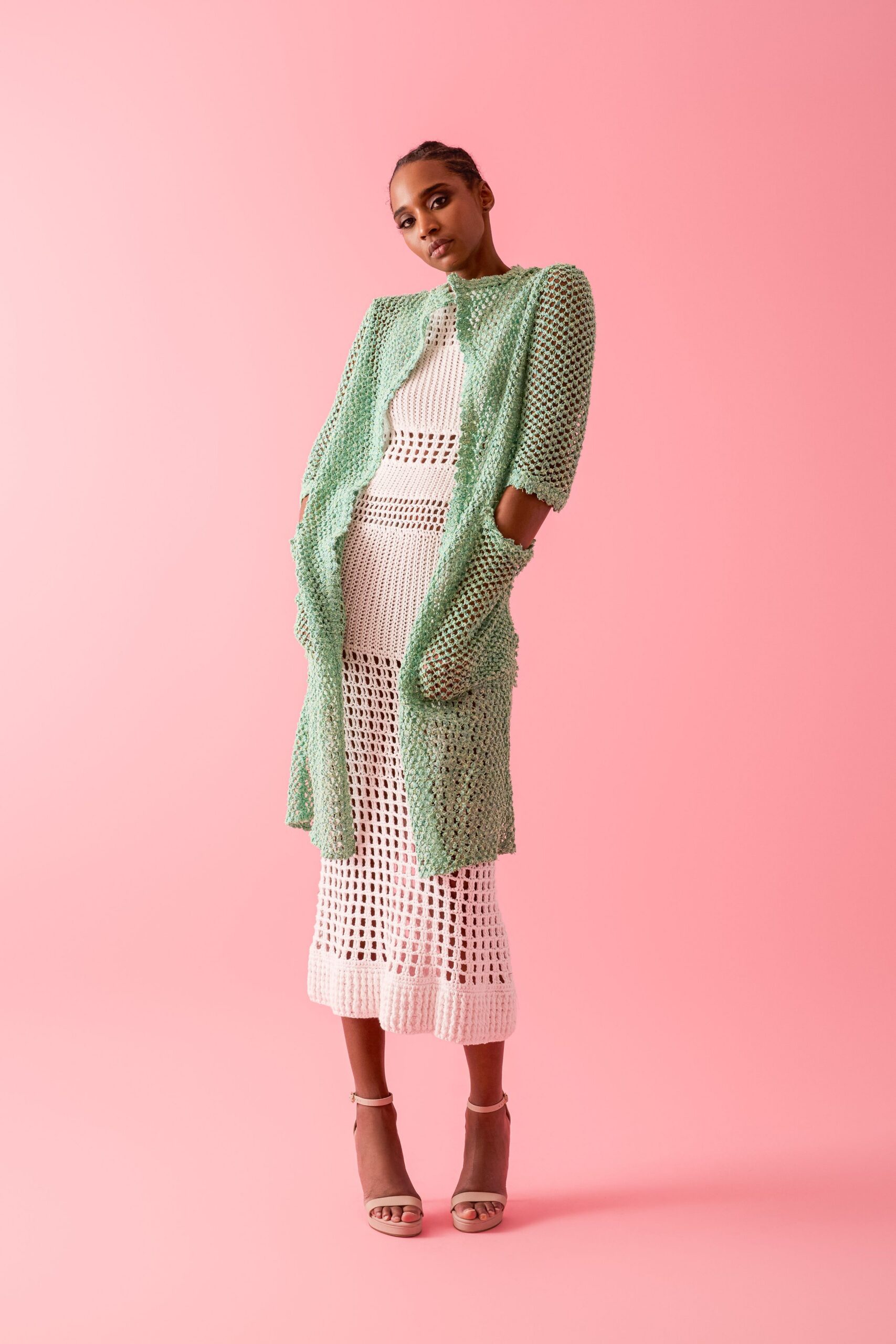 green crochet coat white dress