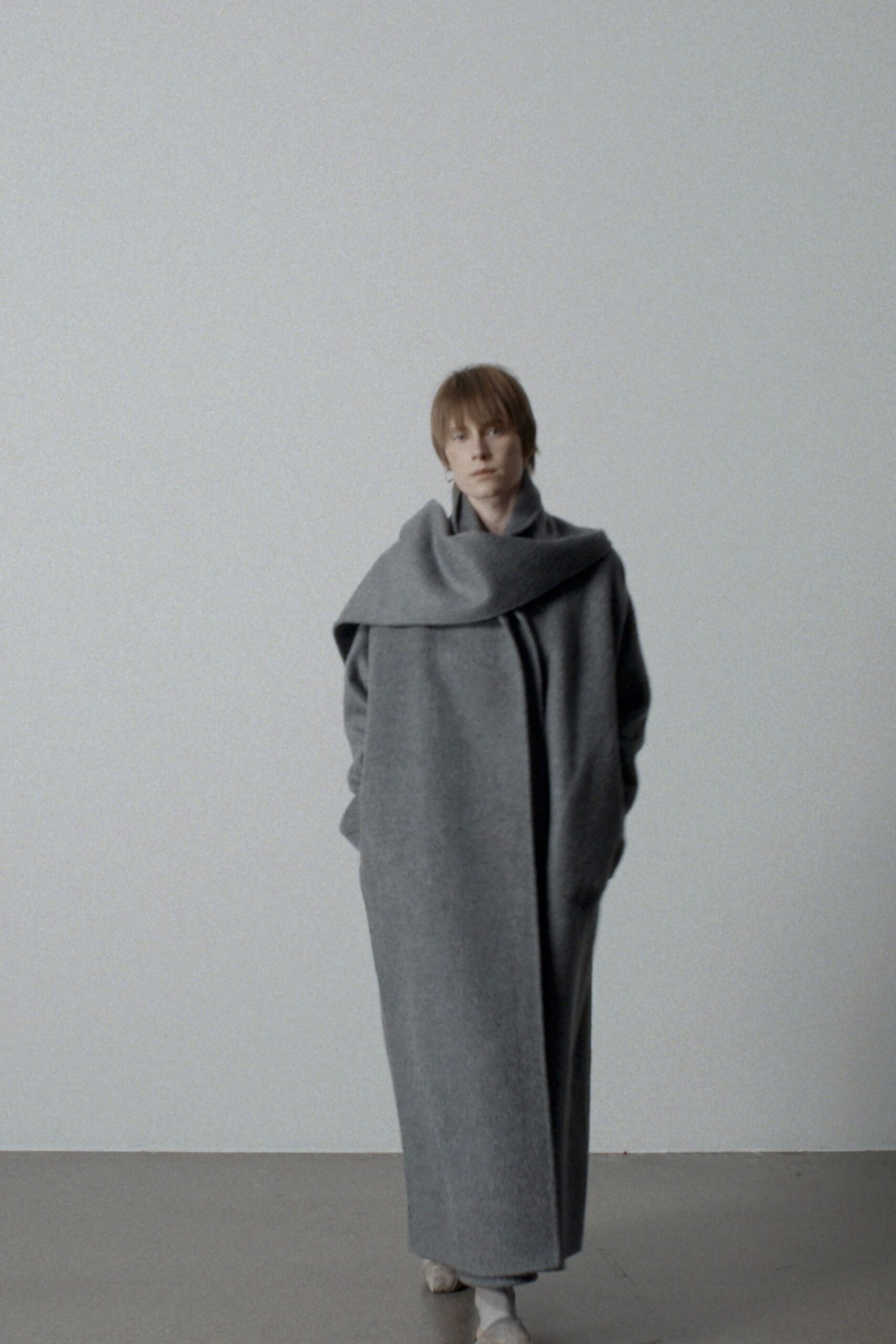 gray wool long-sleeve collared relaxed draped maxi coat