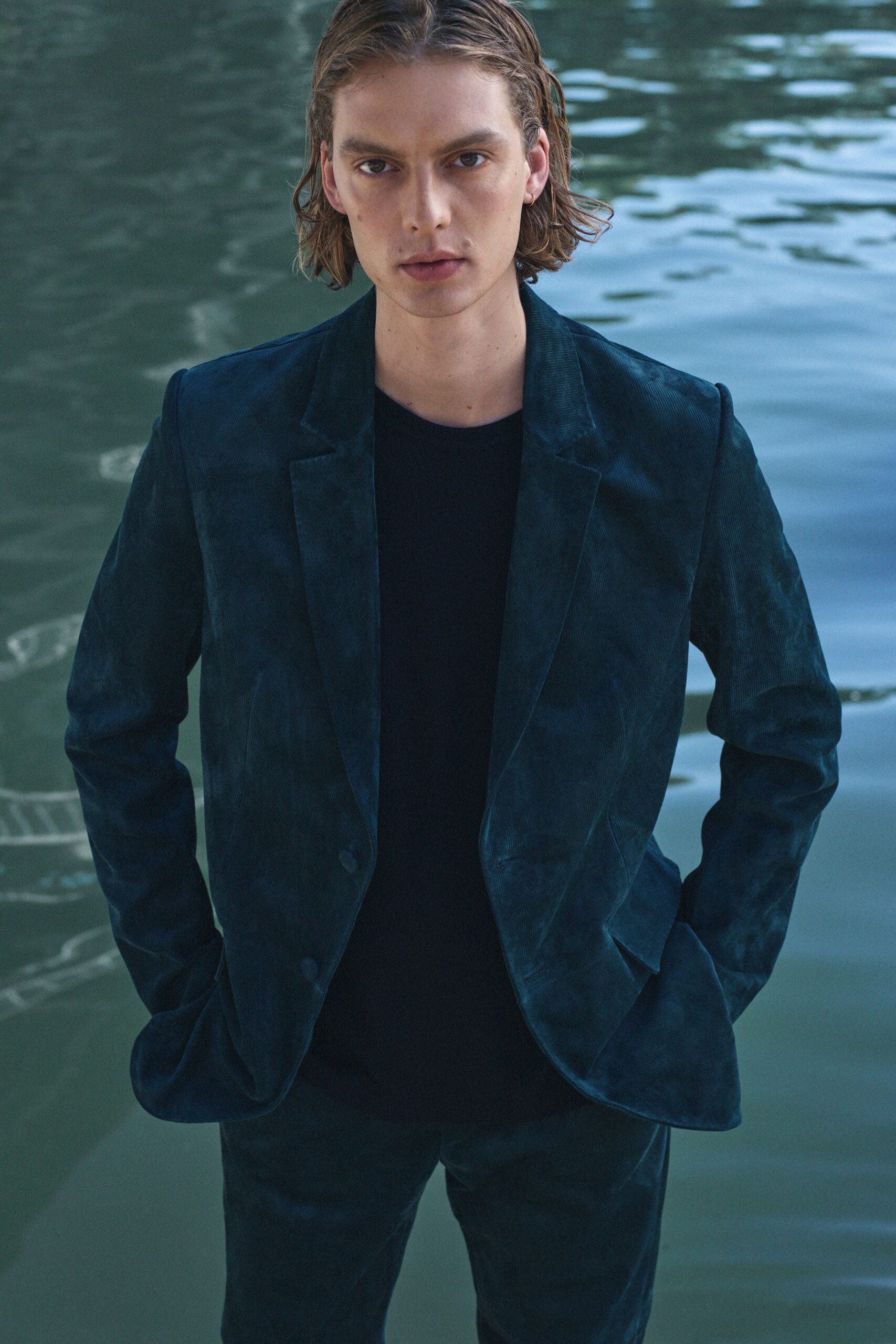 blue suede long-sleeve collared structured blazer