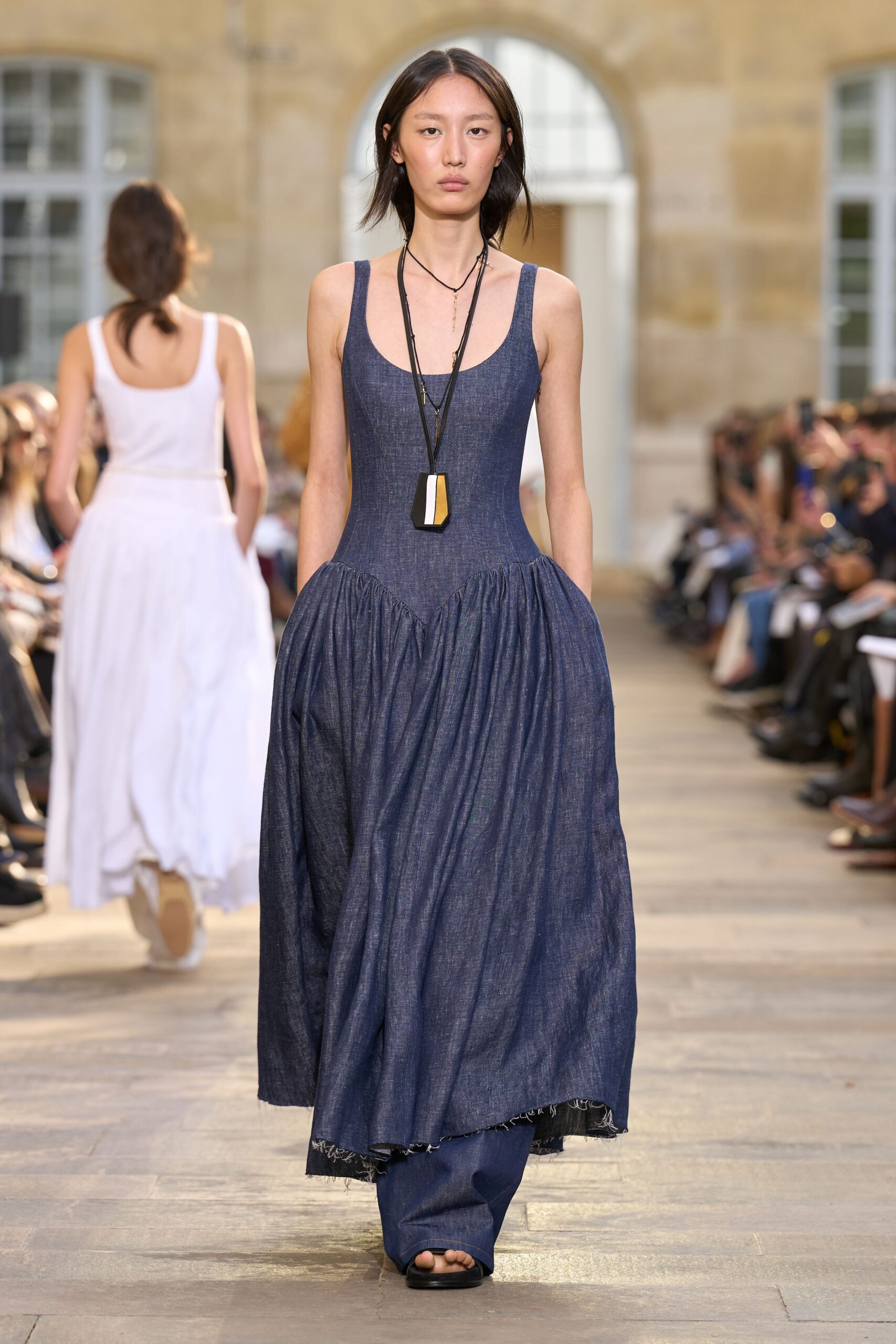 blue denim sleeveless v-neck fitted a-line maxi dress