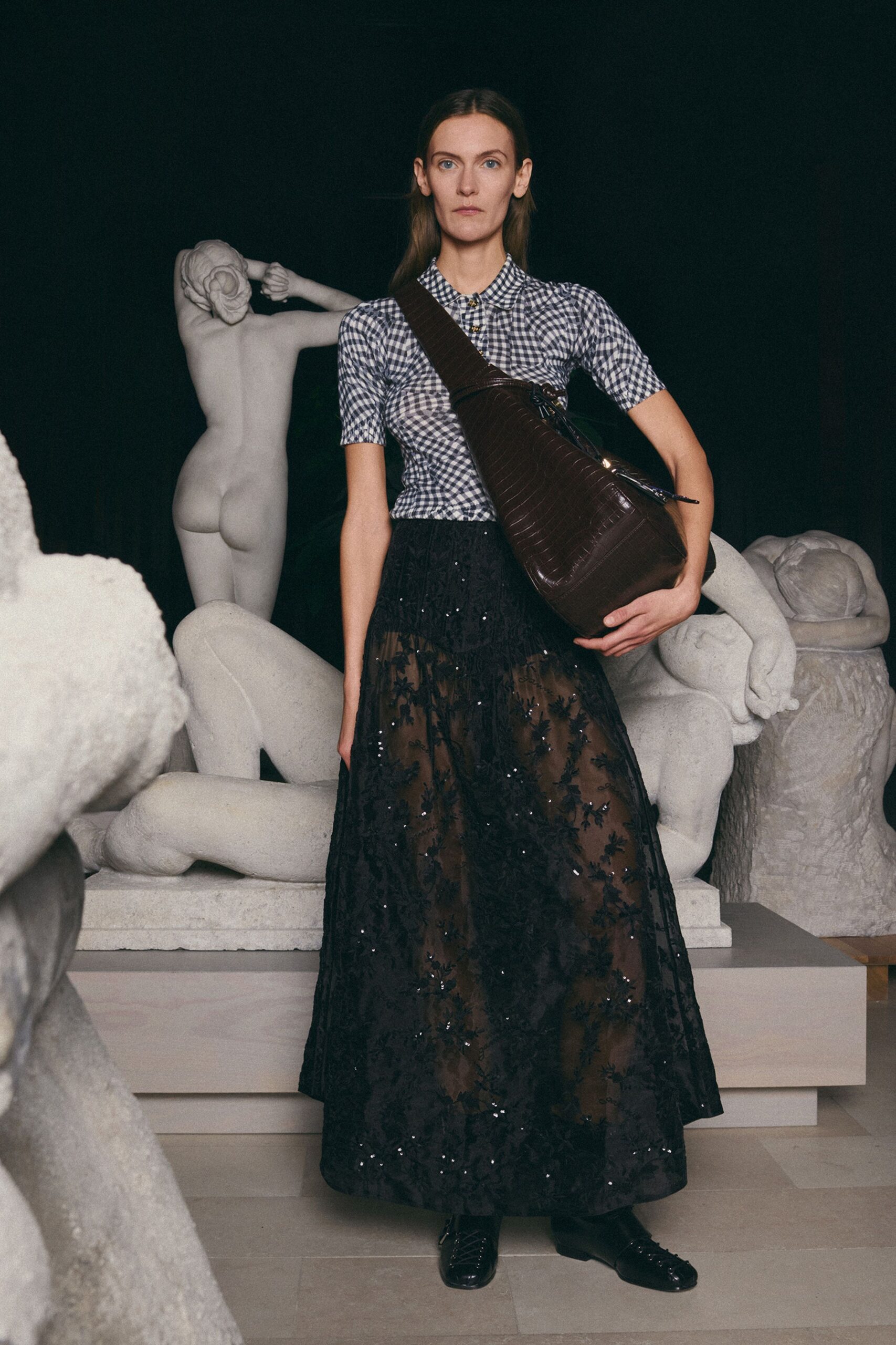 black lace relaxed high-waisted pleated embroidered sheer skirt