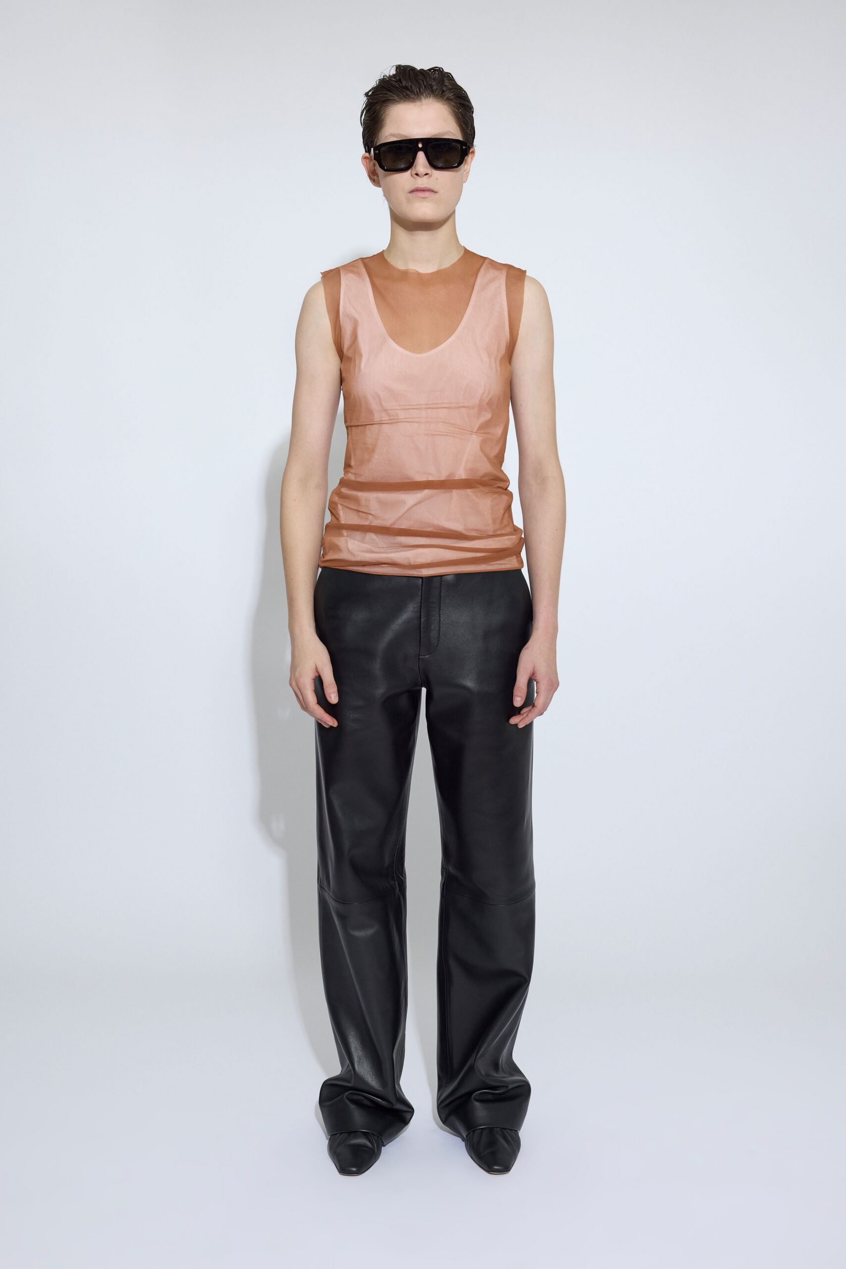 beige silk sleeveless v-neck fitted sheer top