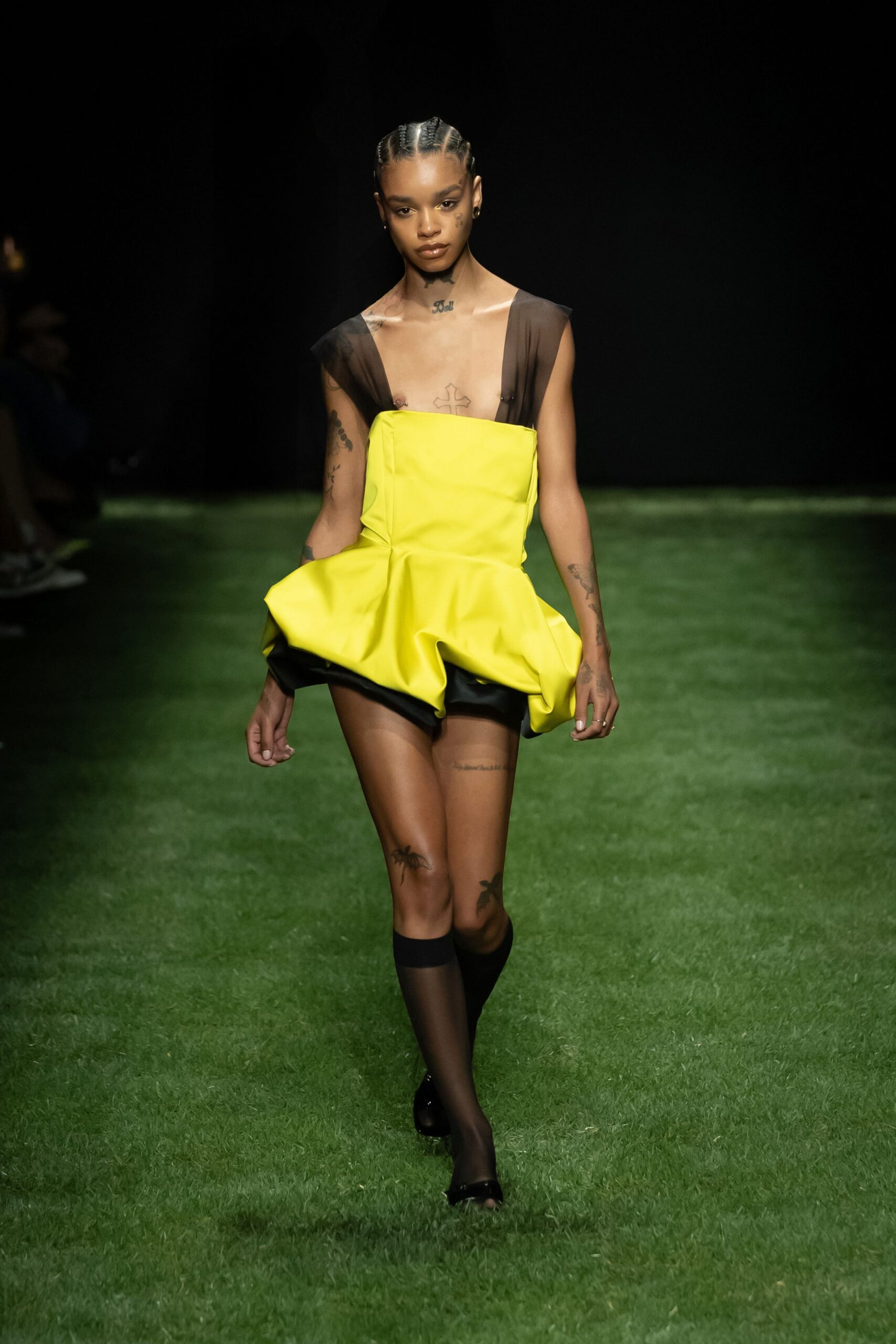 yellow silk sleeveless v-neck fitted pleated draped dress