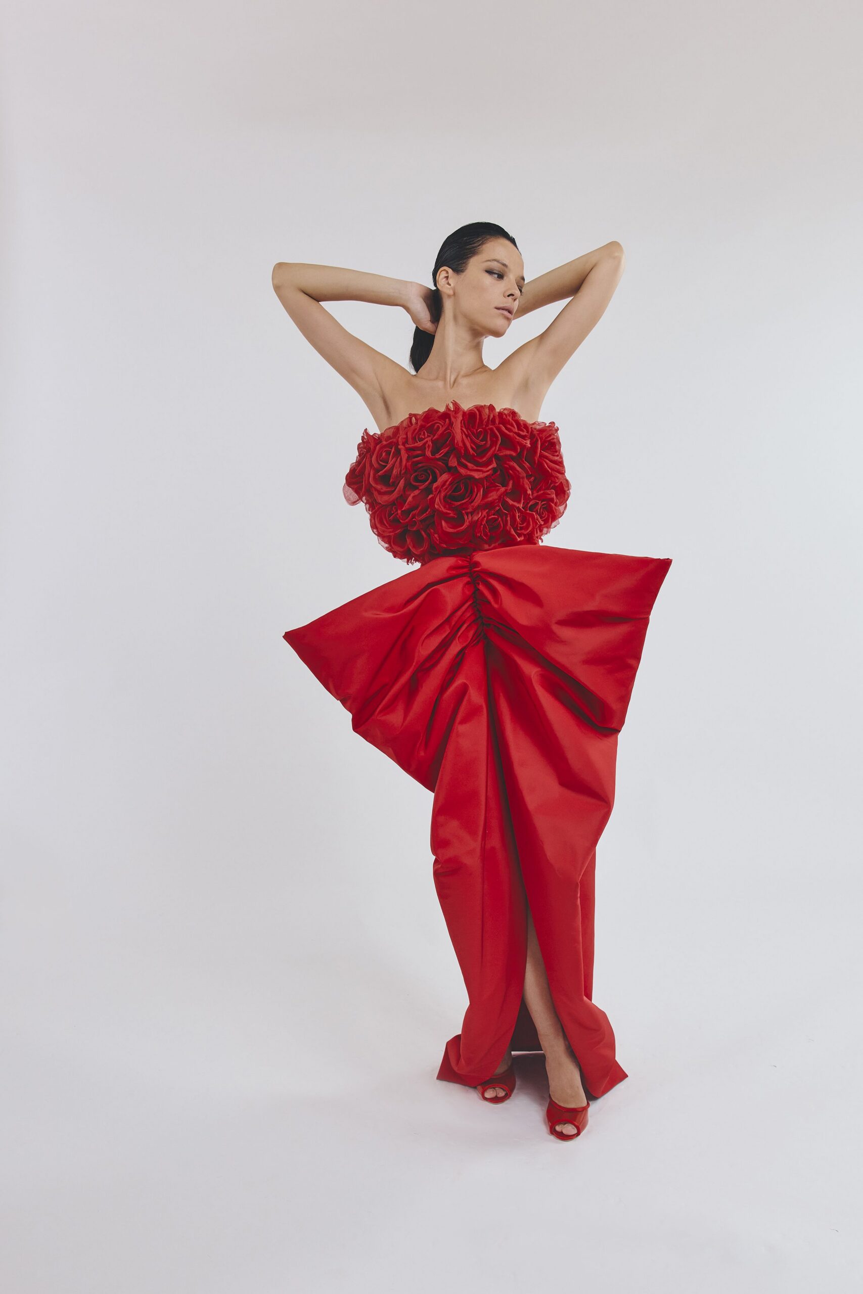 red cotton strapless fitted pleated ruffled maxi gown
