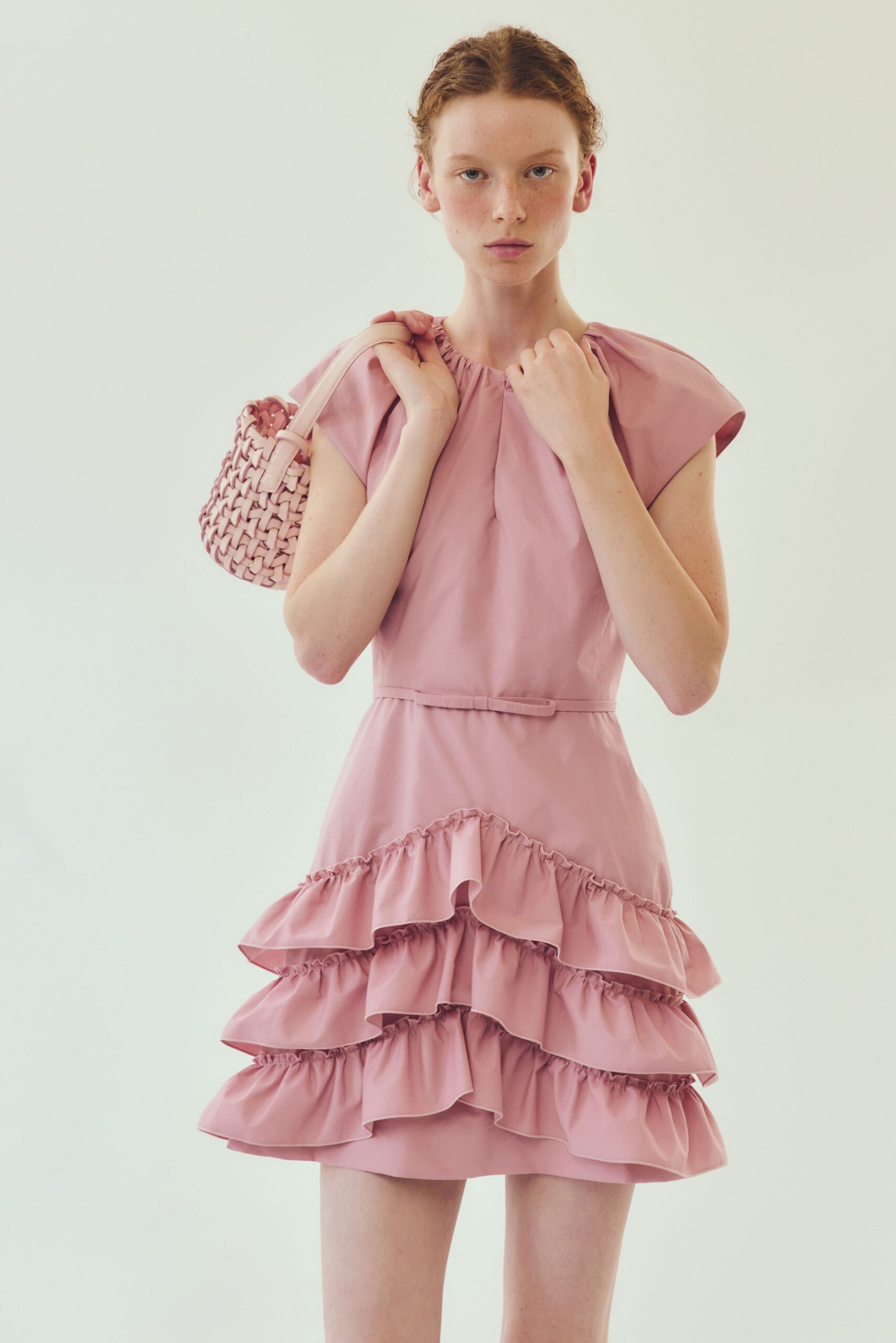 pink cotton sleeveless high-neck fitted ruffled tiered dress