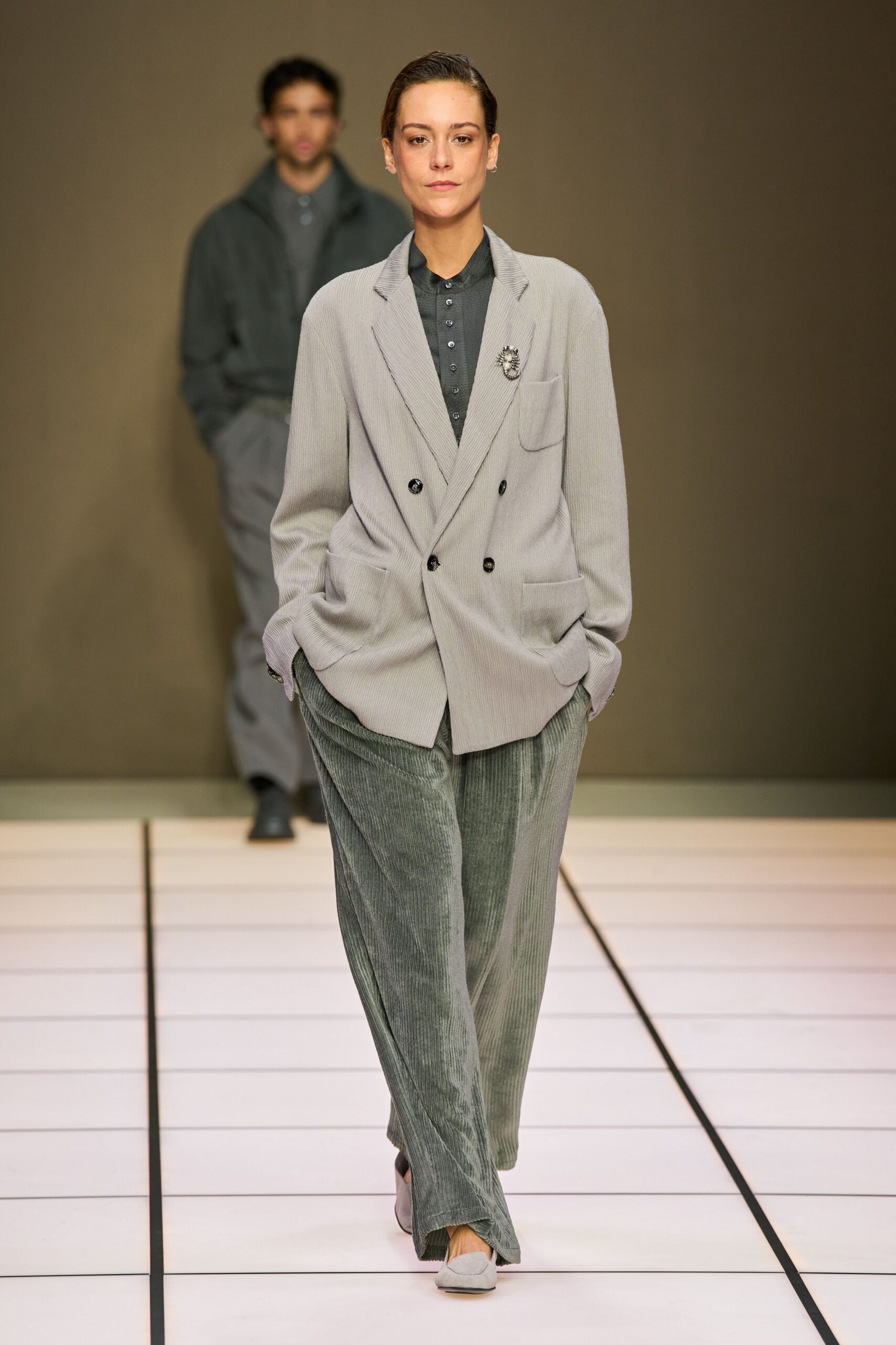gray tailored blazer and relaxed pants