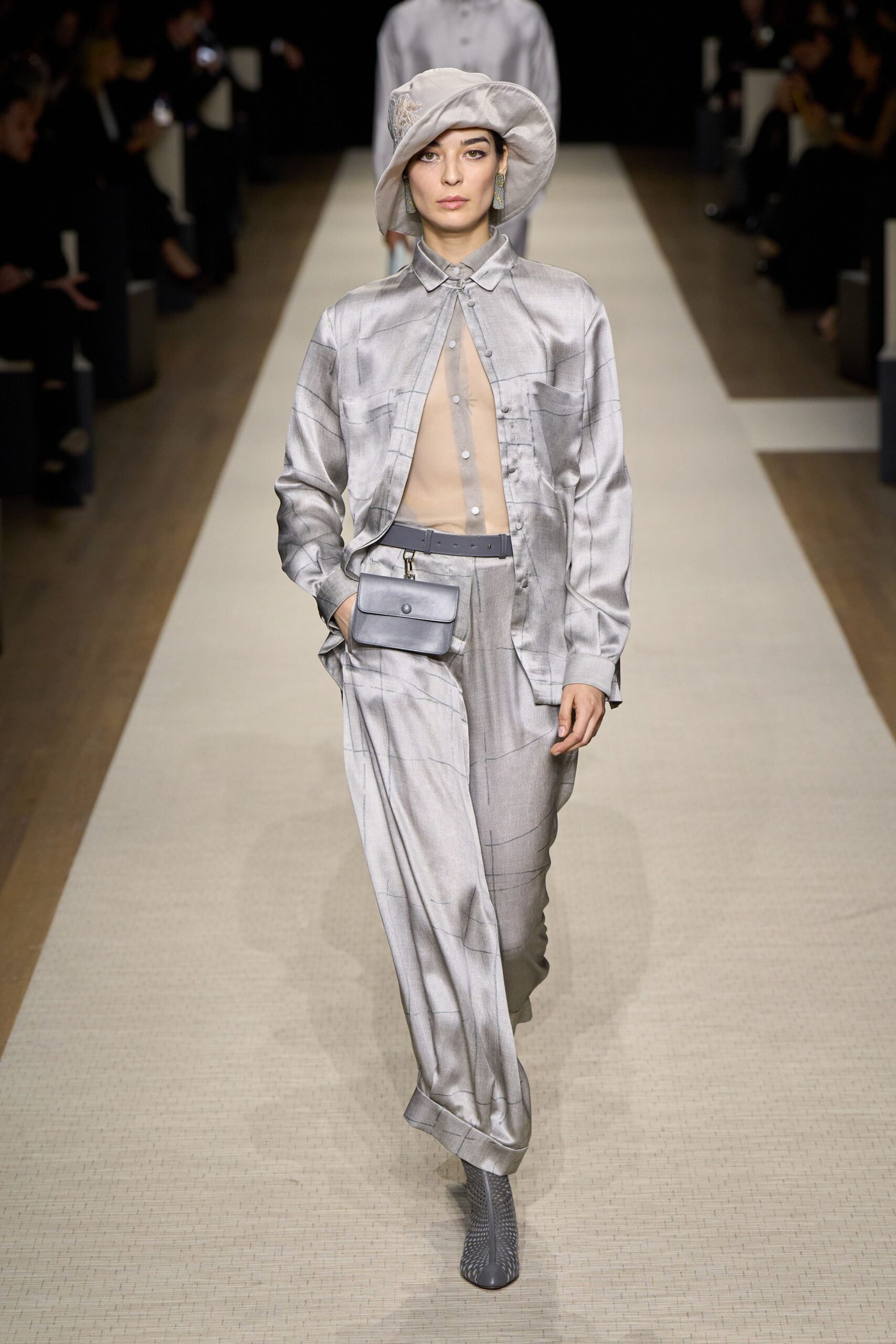 gray silk long-sleeve collared relaxed buttoned shirt