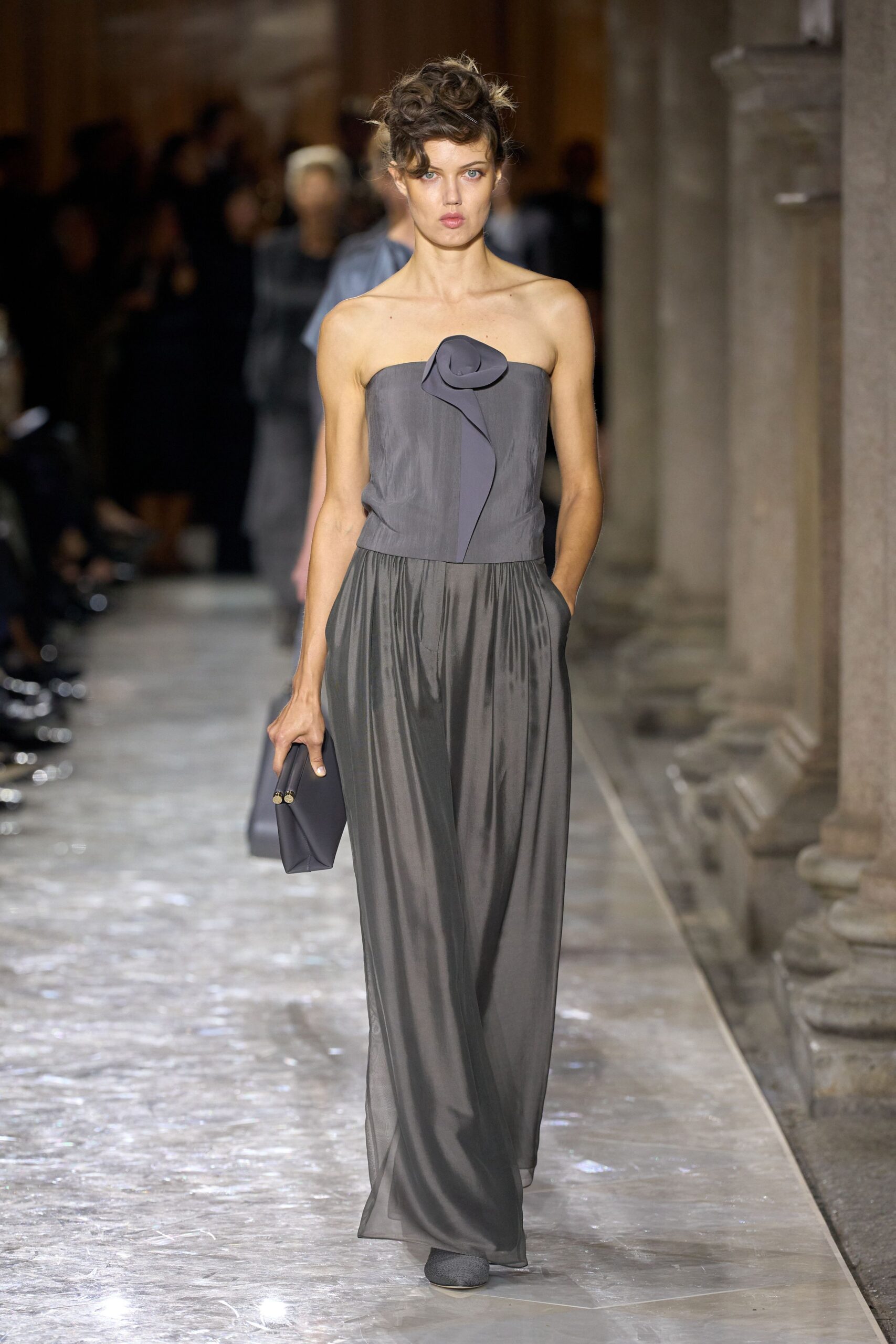 gray silk strapless fitted pleated draped flowing gown