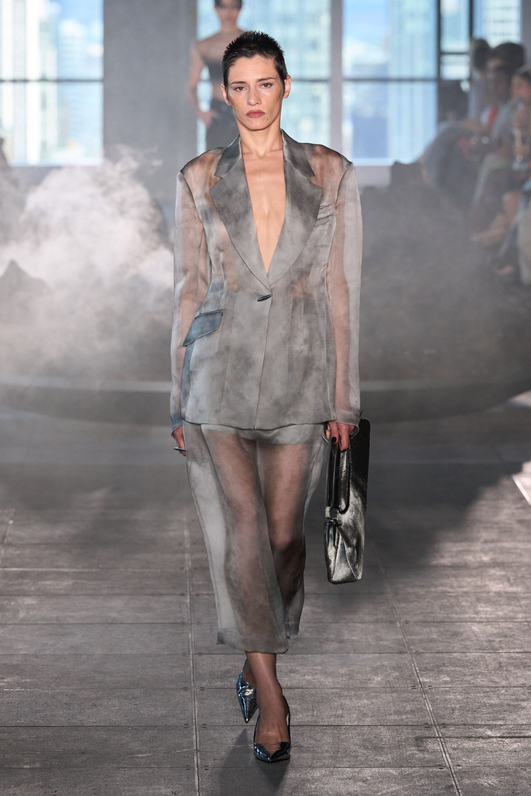 gray silk fitted sheer flowing midi skirt