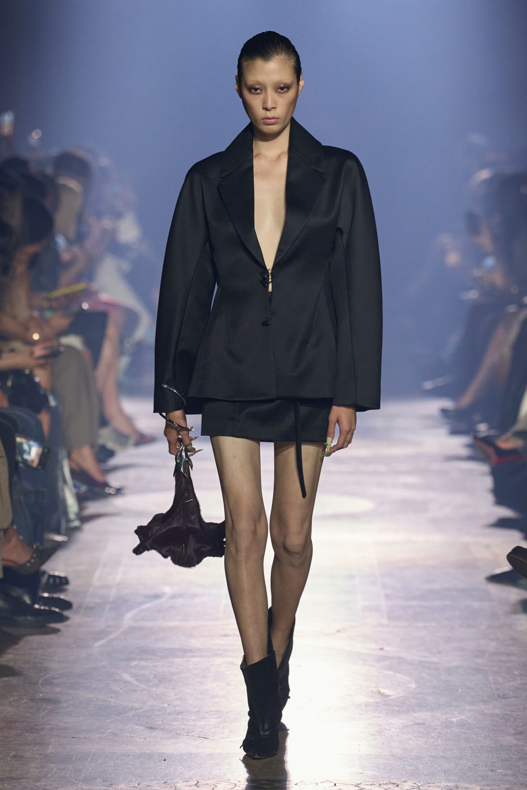 black silk long-sleeve v-neck structured buttoned blazer