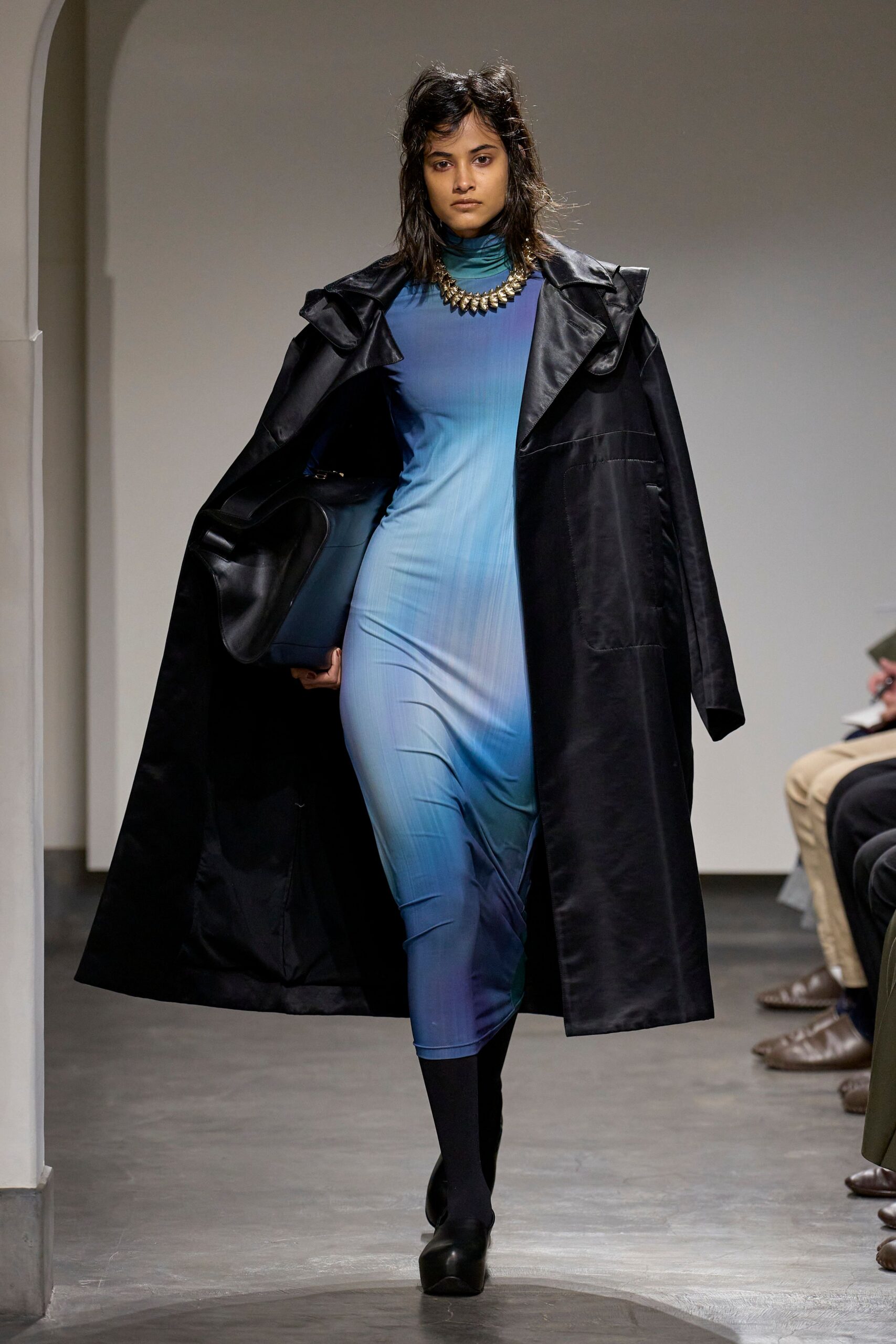 black silk long-sleeve relaxed buttoned coat