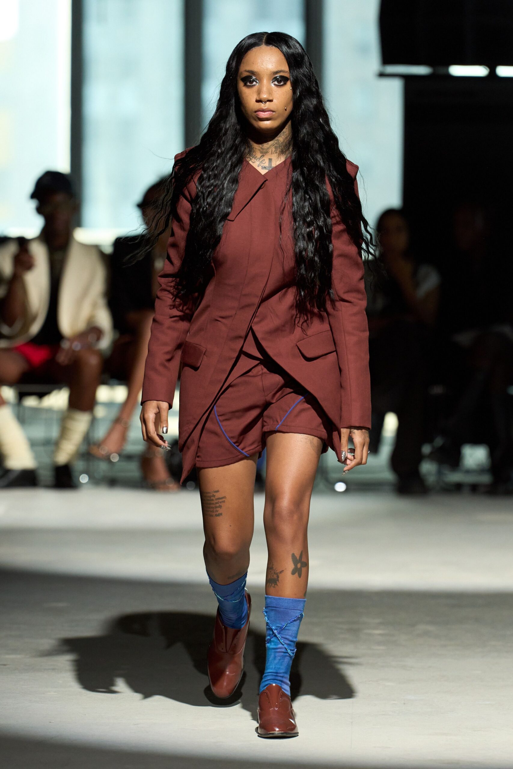 brown tailored blazer and shorts