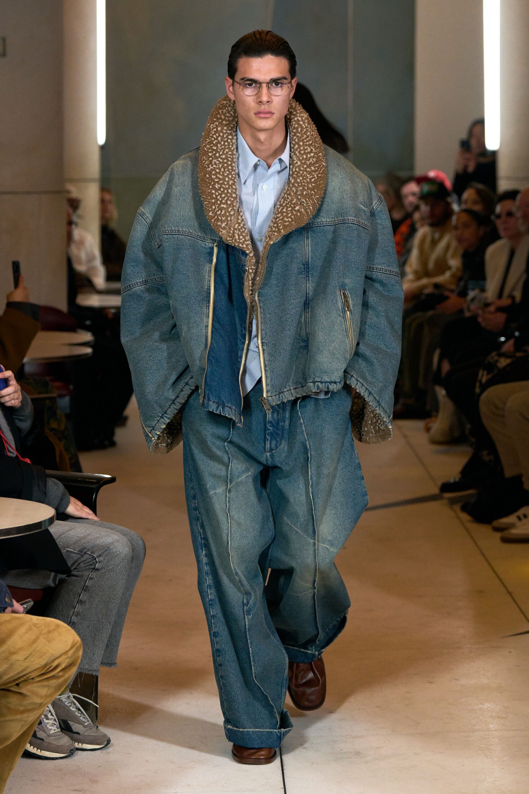 blue denim long-sleeve collared oversized zippered jacket