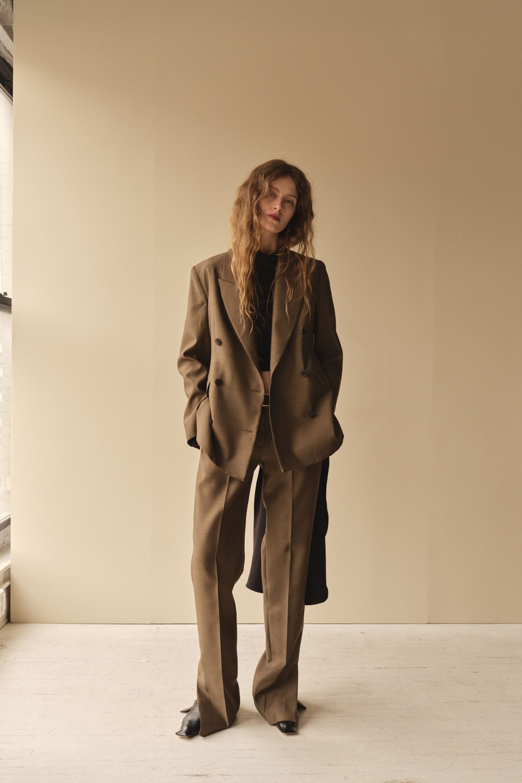 brown tailored blazer and pants