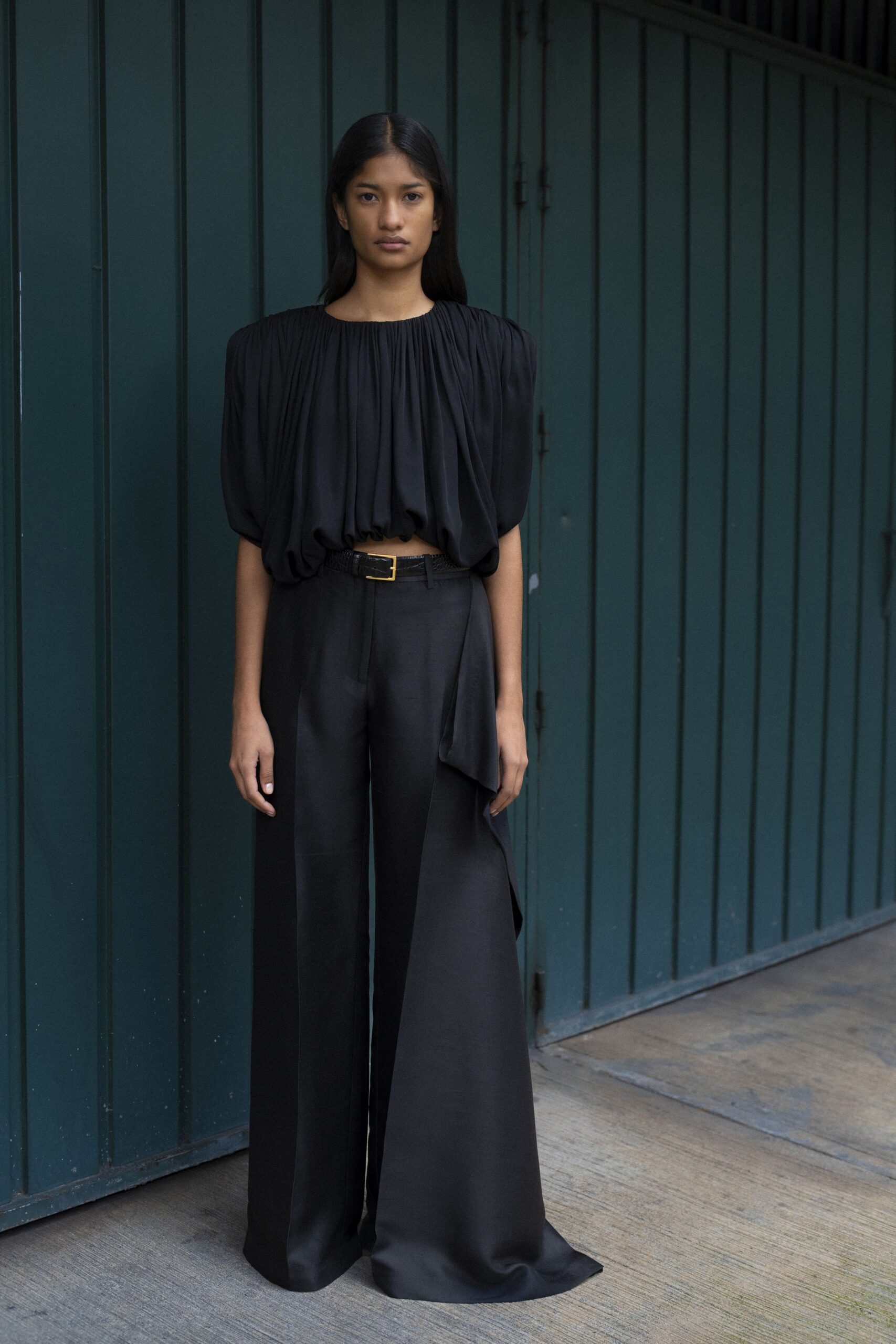 black silk short-sleeve high-neck relaxed pleated top