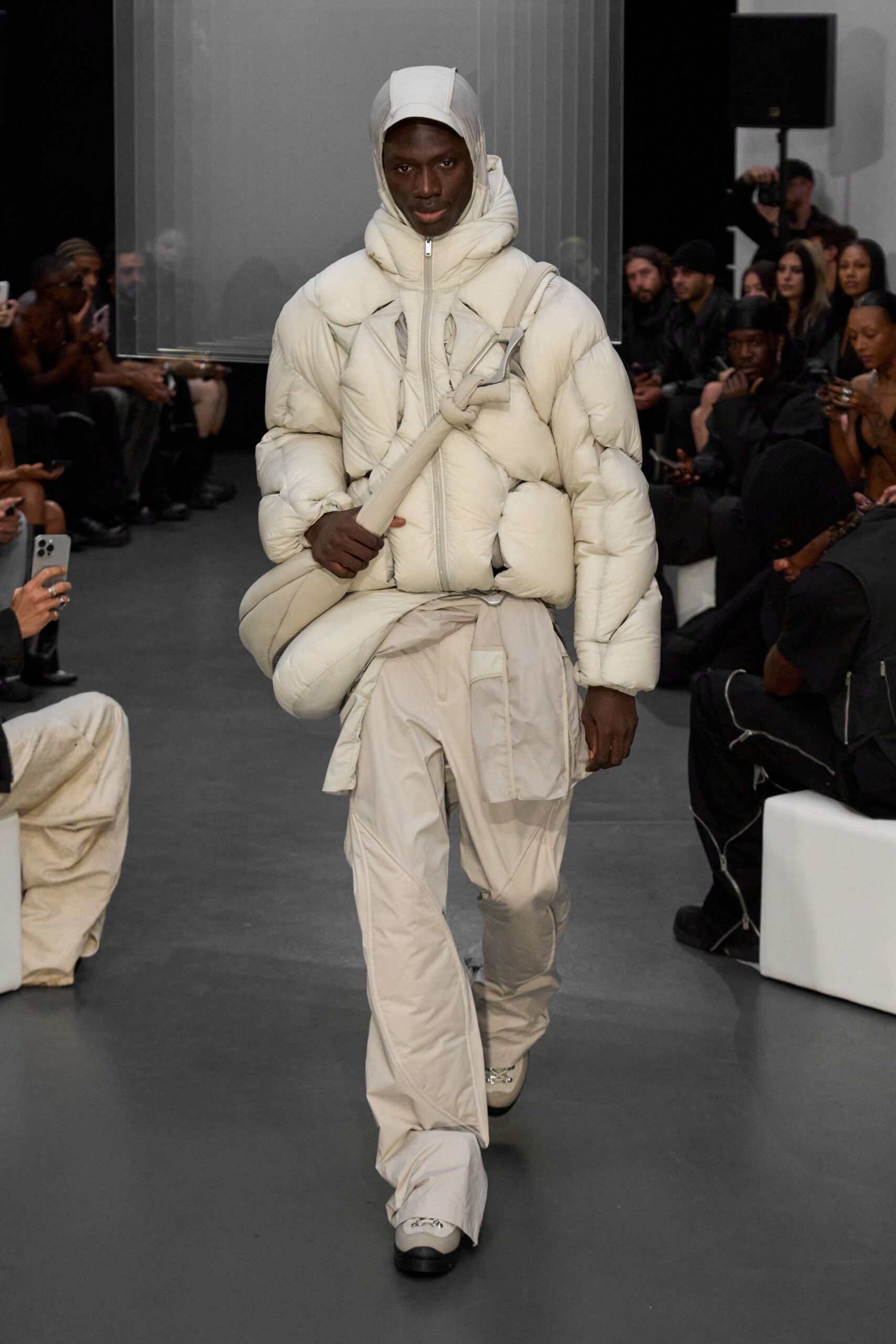 white puffer jacket with cargo pants
