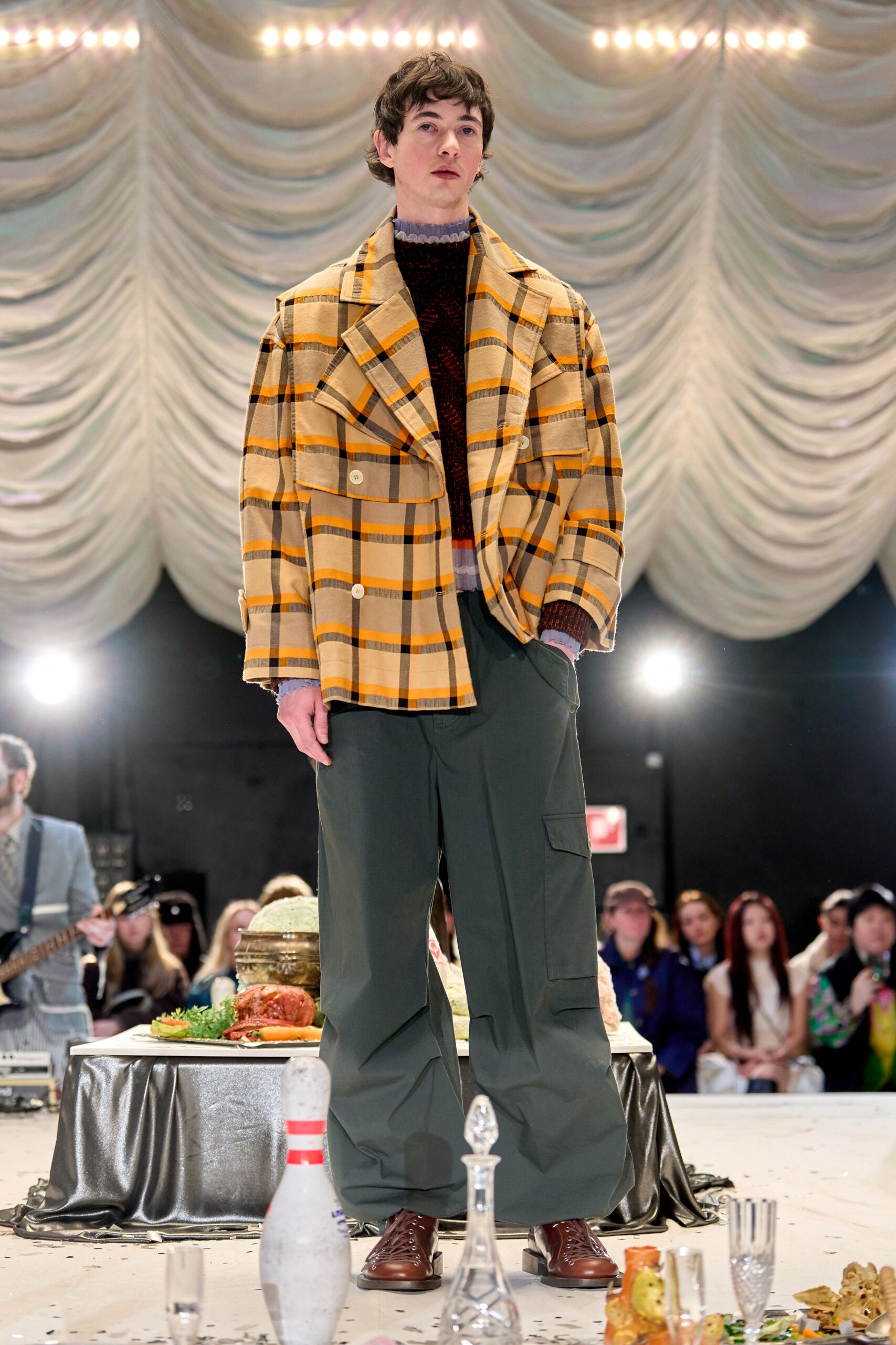 yellow cotton long-sleeve collared relaxed checked jacket