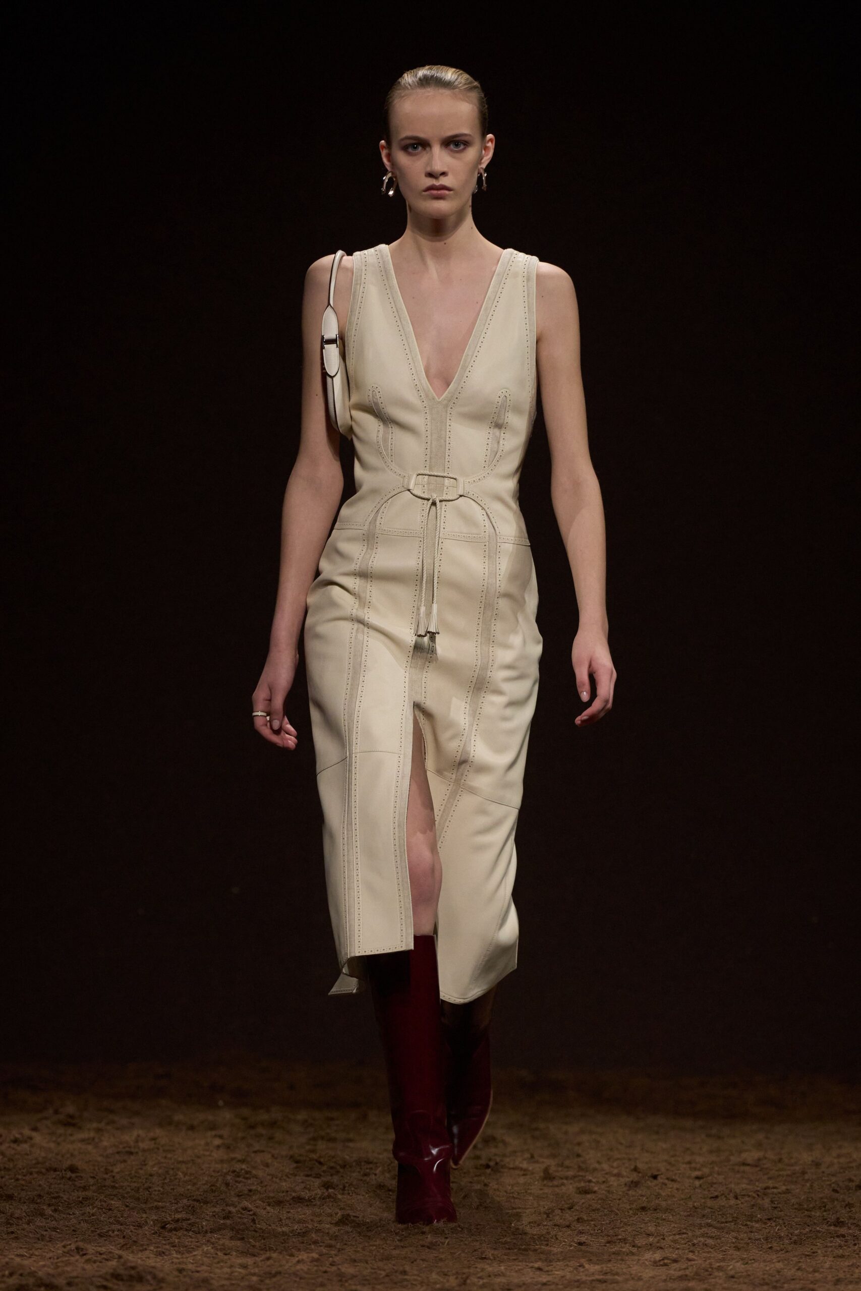 white leather sleeveless v-neck fitted belted midi dress
