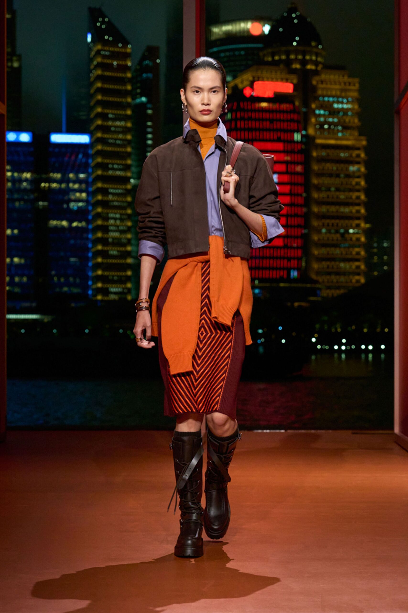 orange wool fitted pleated skirt