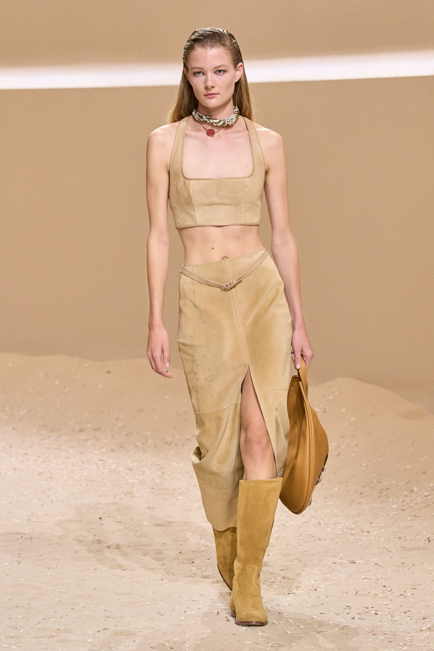 beige suede slit fitted high-waisted skirt